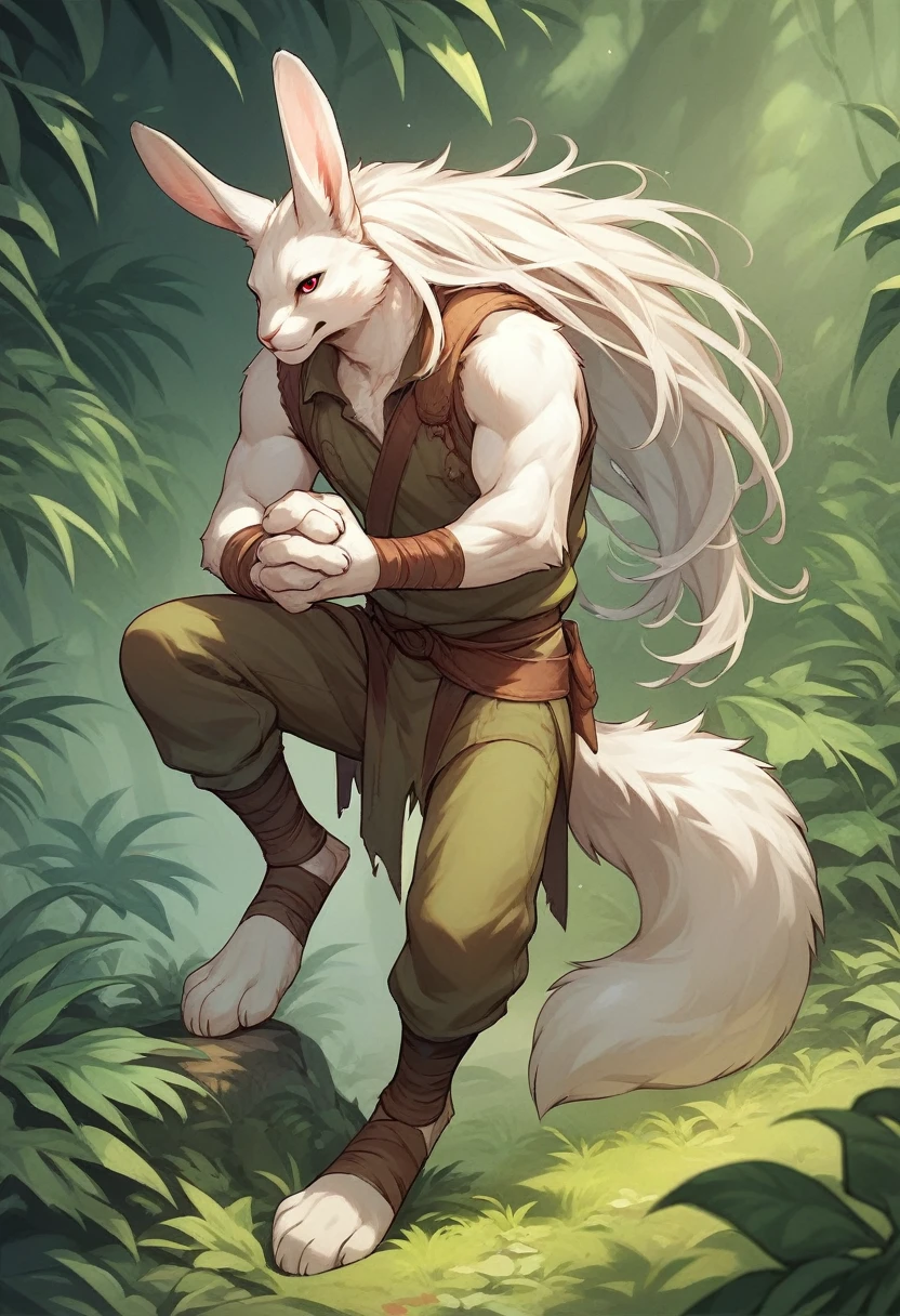 Male bunny, lean body, white fur, long hair, whole body, pose, red eyes, bow in hands, long legs, fluffy tail, in the clothes of a jungle hunter