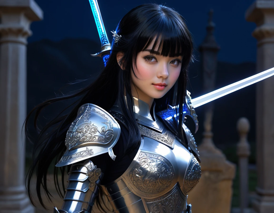 (best quality, masterpiece), 1girl, intricate details, beautiful detailed face, (minimum micro cyber armor:1.2), see-through, looking at viewer, handle blue light sword, night grave, blush, black hair, long hair, blunt bangs, happy, standing, photo shot,