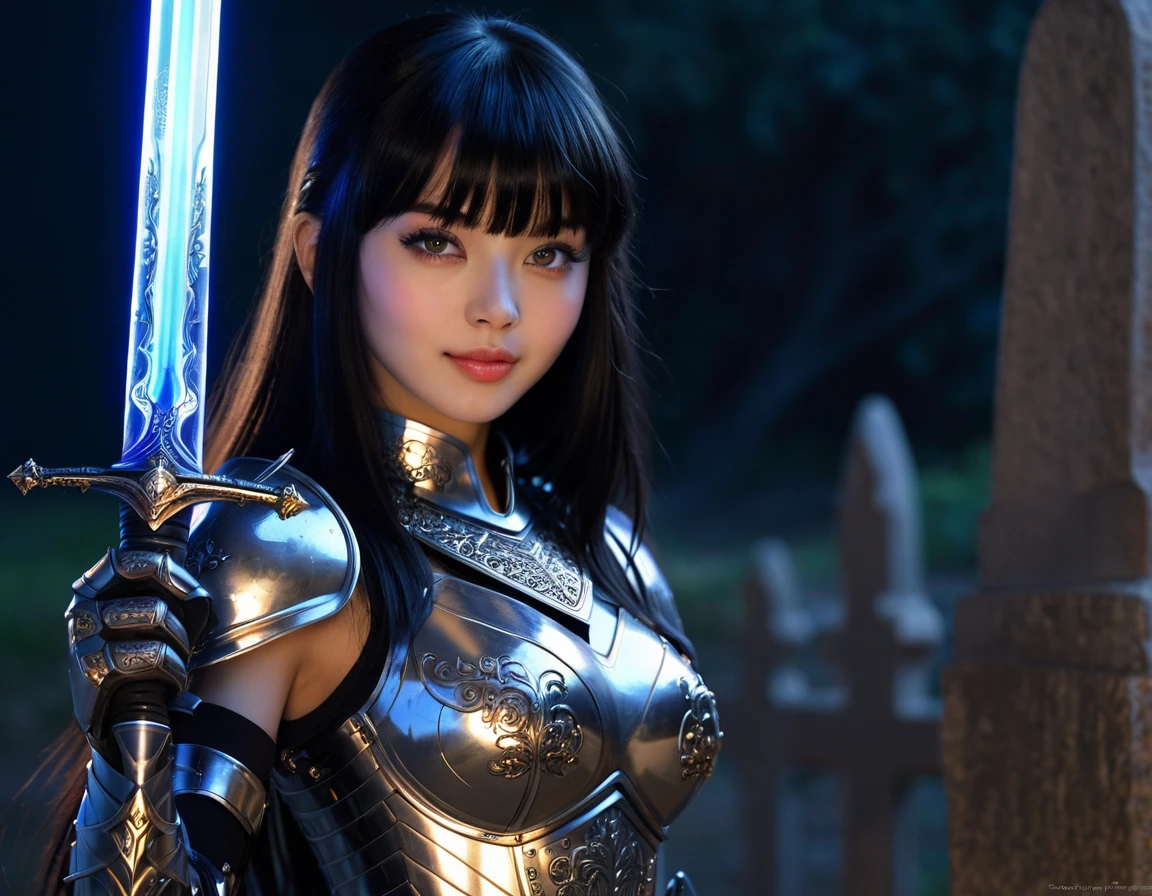 (best quality, masterpiece), 1girl, intricate details, beautiful detailed face, (minimum micro cyber armor:1.2), see-through, looking at viewer, handle blue light sword, night grave, blush, black hair, long hair, blunt bangs, happy, standing, photo shot,