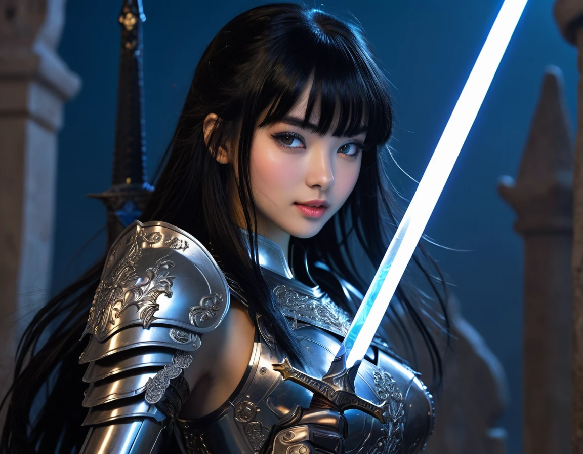 (best quality, masterpiece), 1girl, intricate details, beautiful detailed face, (minimum micro cyber armor:1.2), see-through, looking at viewer, handle blue light sword, night grave, blush, black hair, long hair, blunt bangs, happy, standing, photo shot,