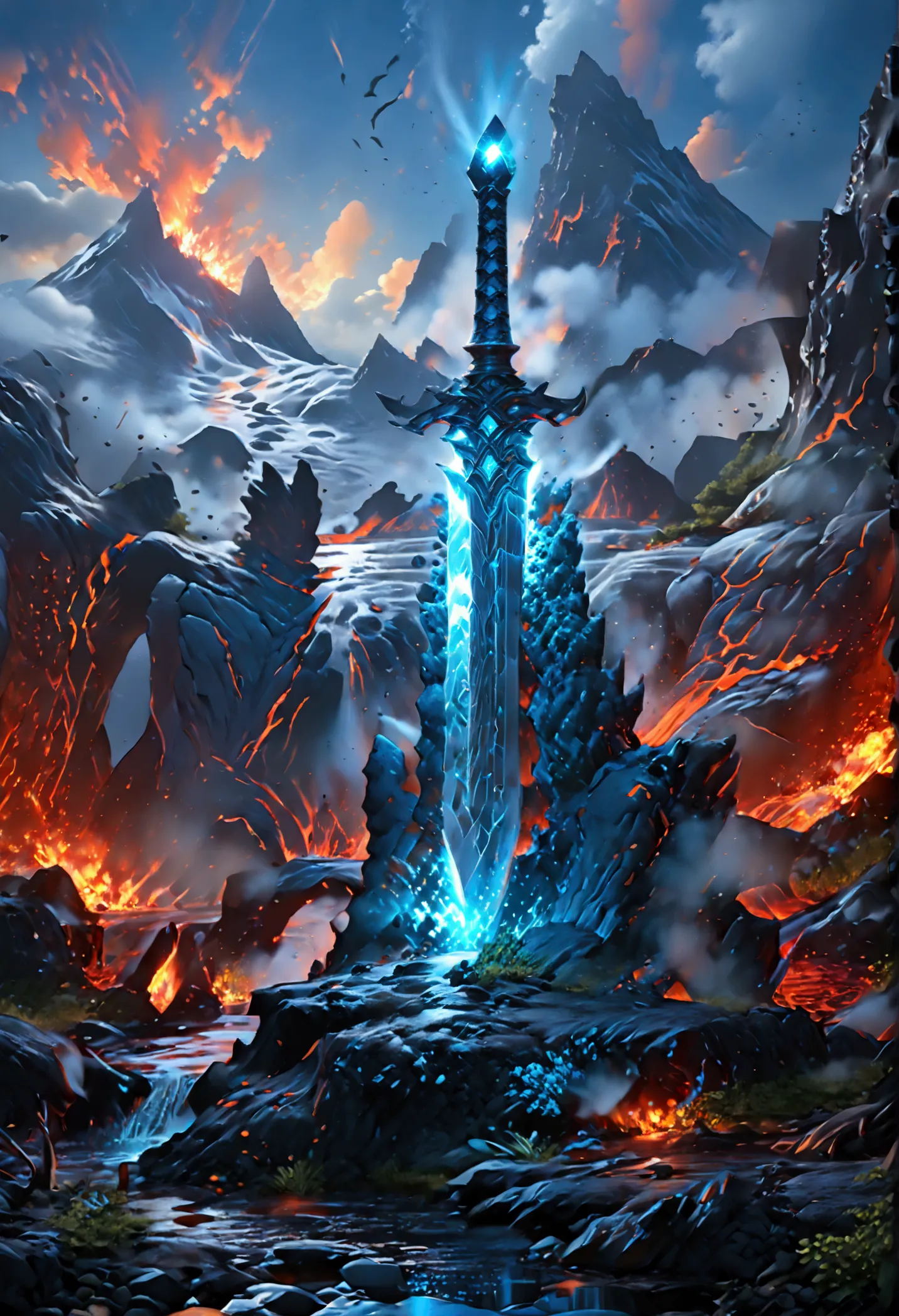 an giant sized sword surrounded with blue flame  stands on its point in volcano, a masterful sword made from diamond, epic sword...