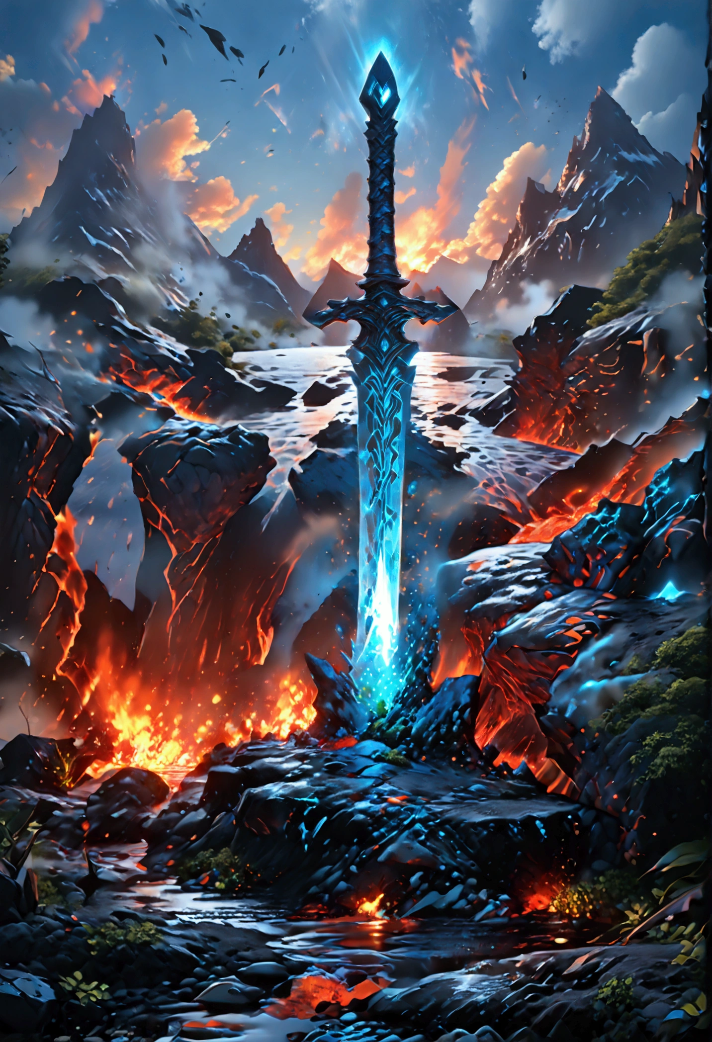 an giant sized sword surrounded with blue flame  stands on its point in volcano, a masterful sword made from diamond, epic sword, divine sword, (mountain sized sword: 1.5), its glistening in the sun, it has many facets, blue flames surround it GlowingRunesAI_paleblue, it stands in a pool of lava in a volcano, fantasy volcano background, high quality, landscape, lava land,  (best details, Masterpiece, best quality :1.5), ultra best realistic pictures , best details, best quality, 16k, [ultra detailed], masterpiece, best quality, (extremely detailed), ultra wide shot, photorealism, depth of field,