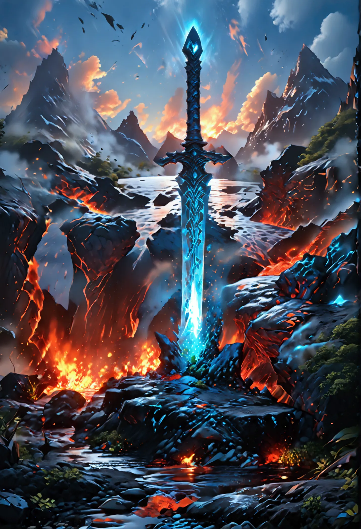 an giant sized sword surrounded with blue flame  stands on its point in volcano, a masterful sword made from diamond, epic sword...