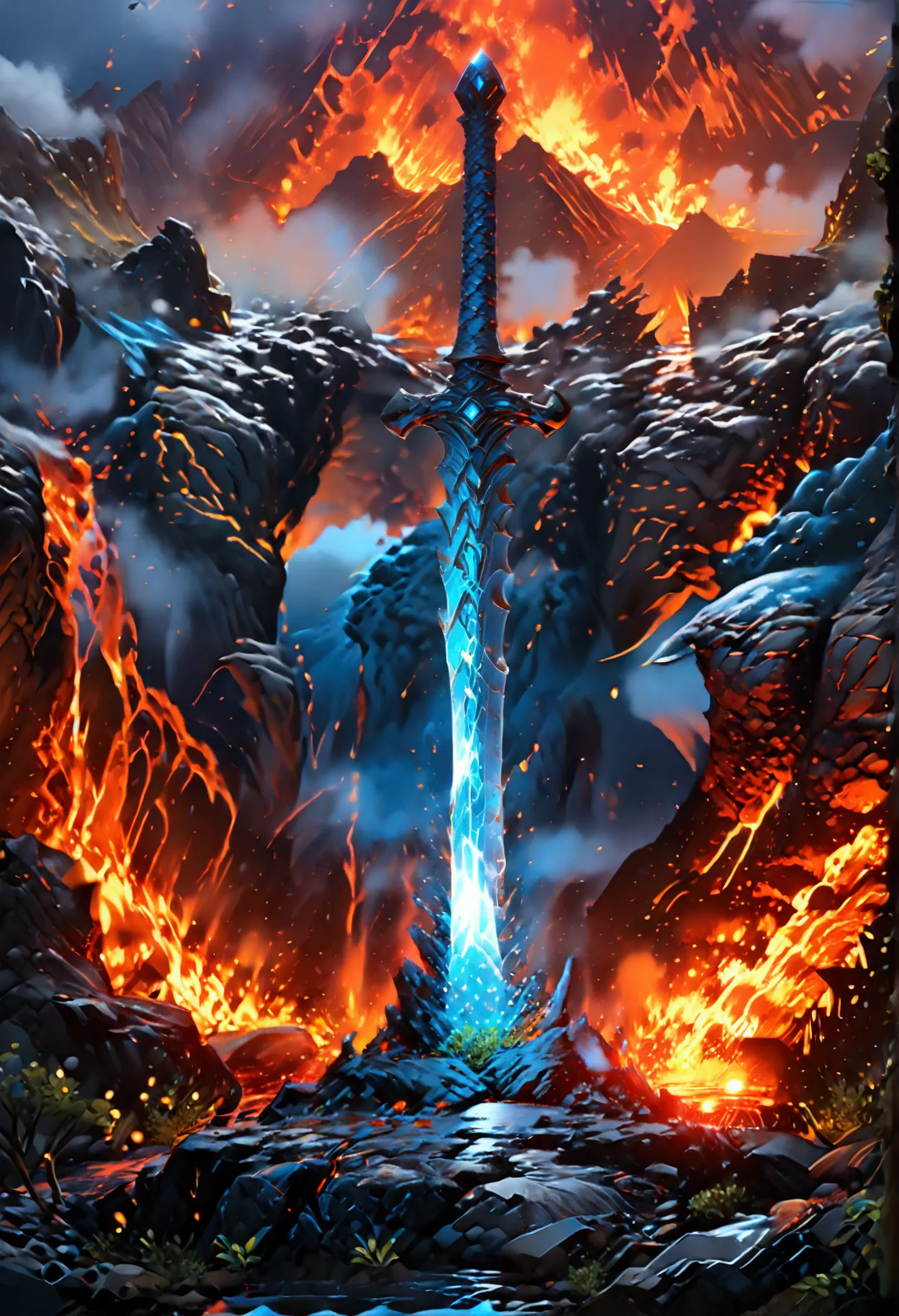 an giant sized sword surrounded with blue flame  stands on its point in volcano, a masterful sword made from diamond, epic sword...