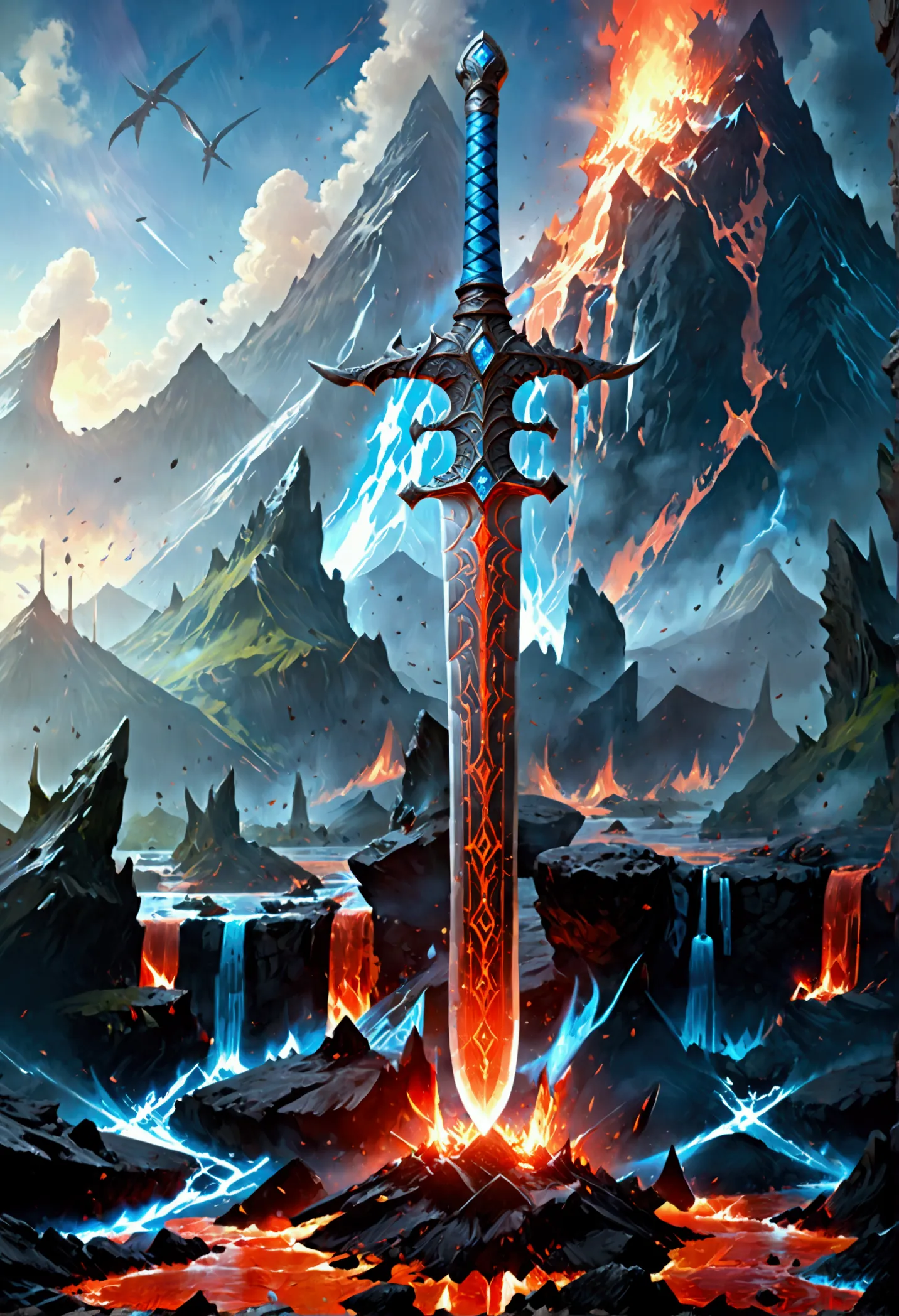 an giant sized sword surrounded with blue flame  stands on its point in volcano, a masterful sword made from diamond, epic sword...