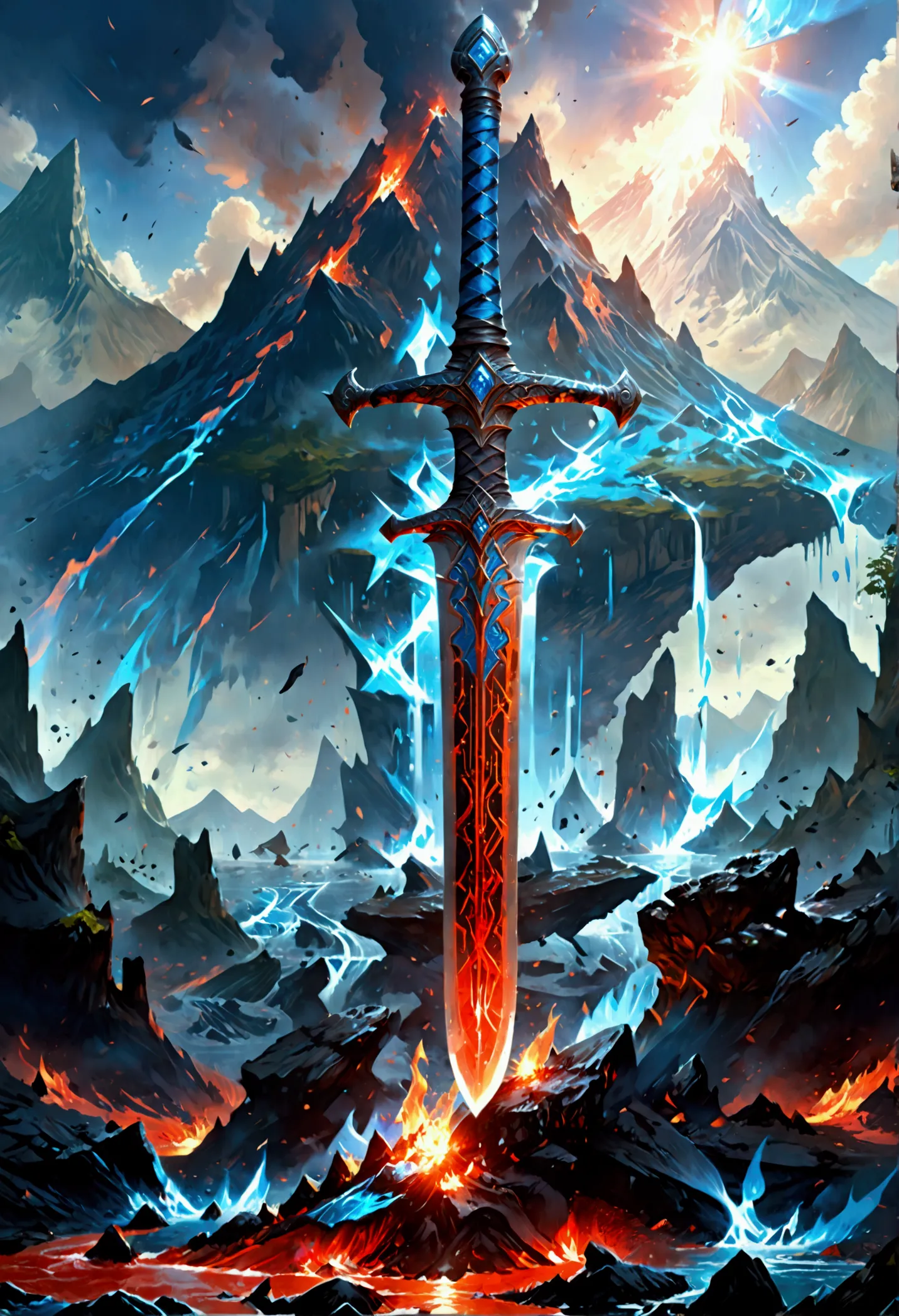 an giant sized sword surrounded with blue flame  stands on its point in volcano, a masterful sword made from diamond, epic sword...