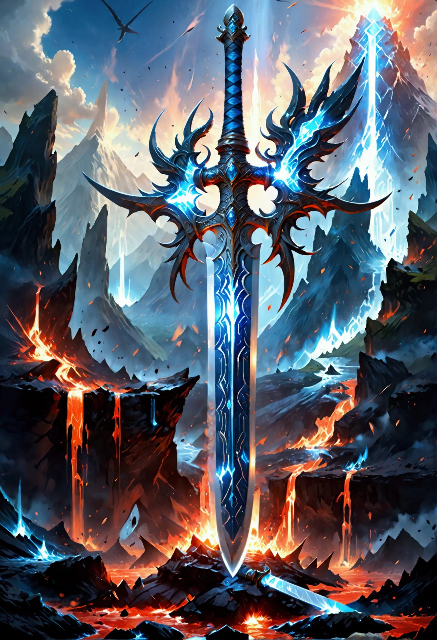 an giant sized sword surrounded with blue flame  stands on its point in volcano, a masterful sword made from diamond, epic sword...