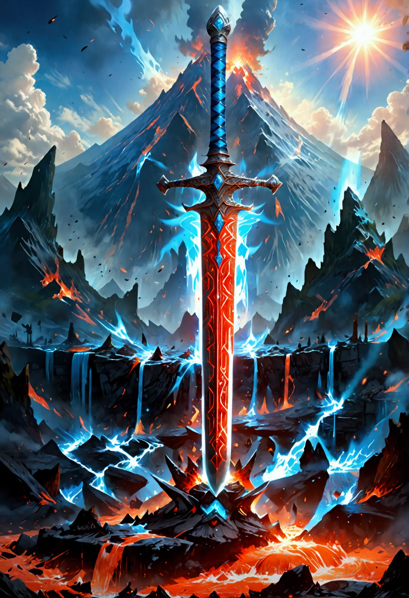 an giant sized sword surrounded with blue flame  stands on its point in volcano, a masterful sword made from diamond, epic sword...