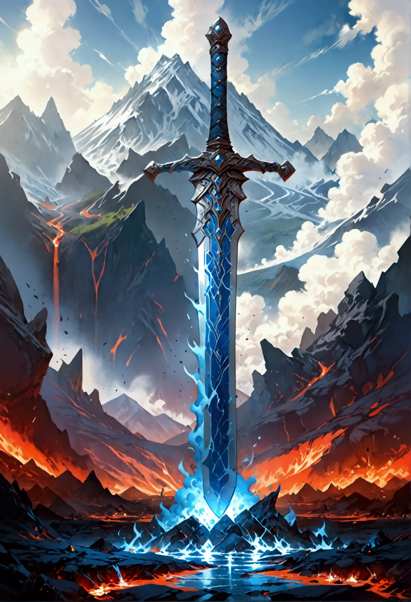 an giant sized sword surrounded with blue flame  stands on its point in volcano, a masterful sword made from diamond, epic sword...