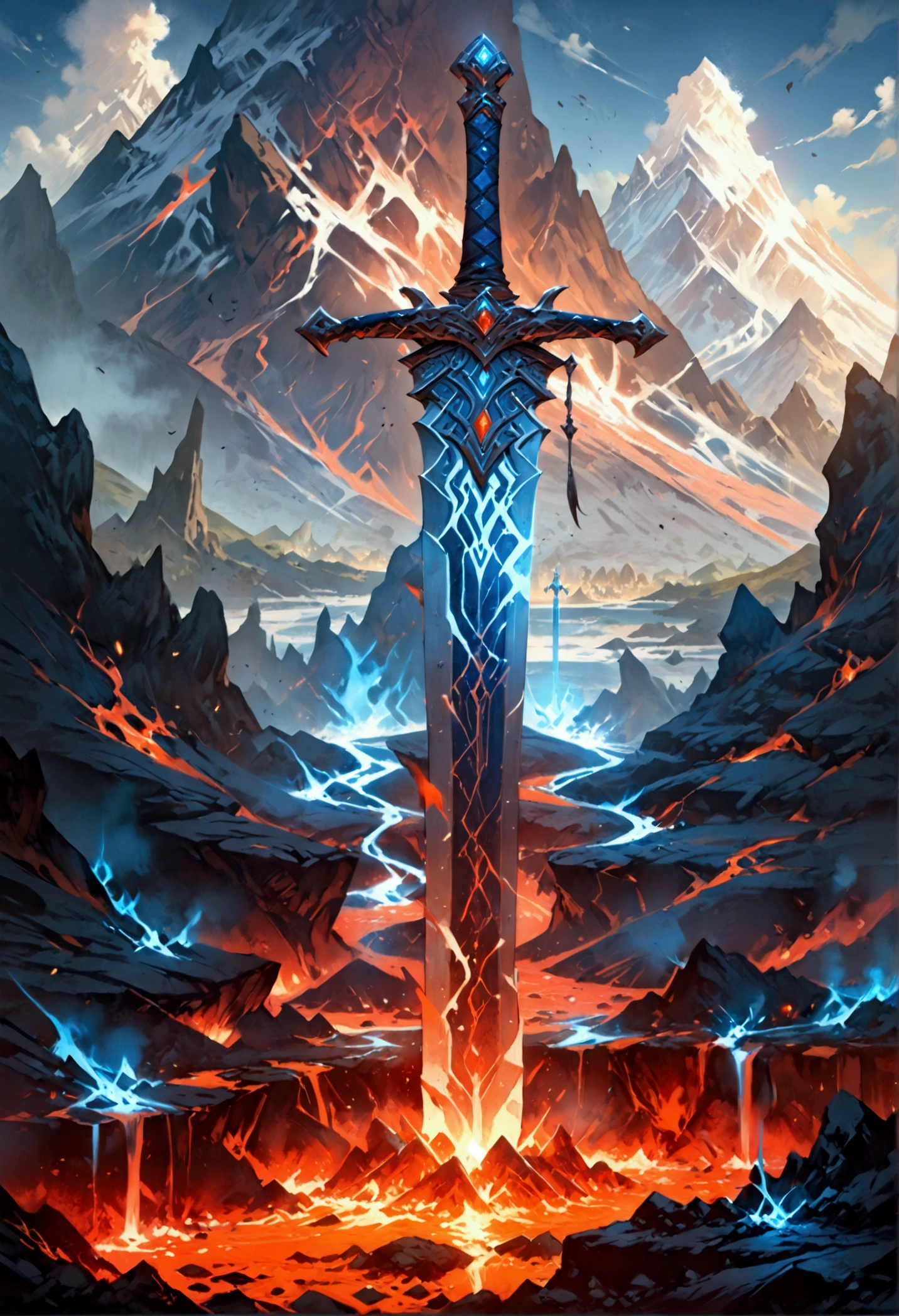 an giant sized sword surrounded with blue flame  stands on its point in volcano, a masterful sword made from diamond, epic sword, divine sword, (mountain sized sword: 1.5), its glistening in the sun, it has many facets, blue flames surround it GlowingRunesAI_paleblue, it stands in a pool of lava in a volcano, fantasy volcano background, high quality, landscape, lava land,  (best details, Masterpiece, best quality :1.5), ultra best realistic pictures , best details, best quality, 16k, [ultra detailed], masterpiece, best quality, (extremely detailed), ultra wide shot, photorealism, depth of field,