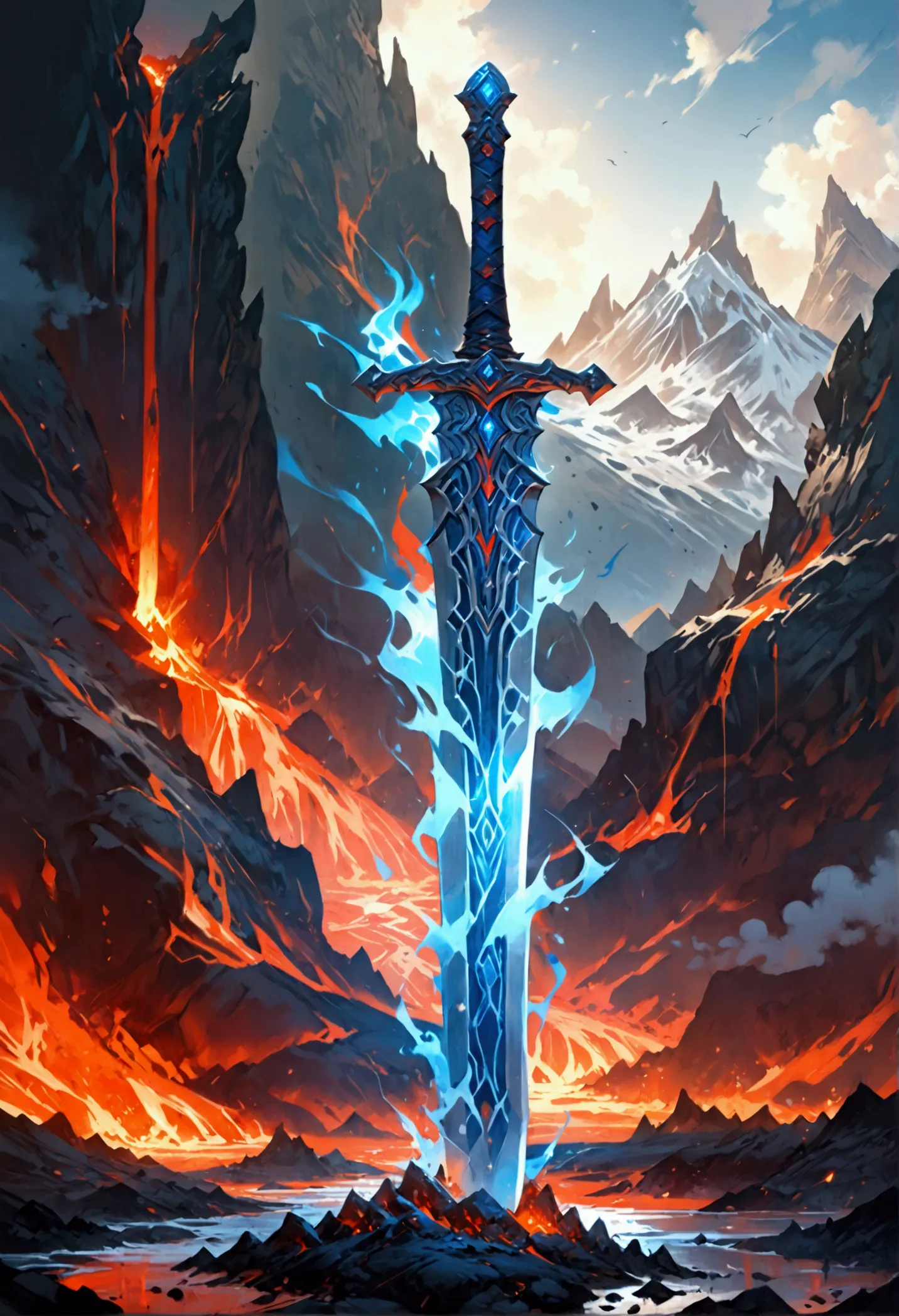 an giant sized sword surrounded with blue flame  stands on its point in volcano, a masterful sword made from diamond, epic sword...