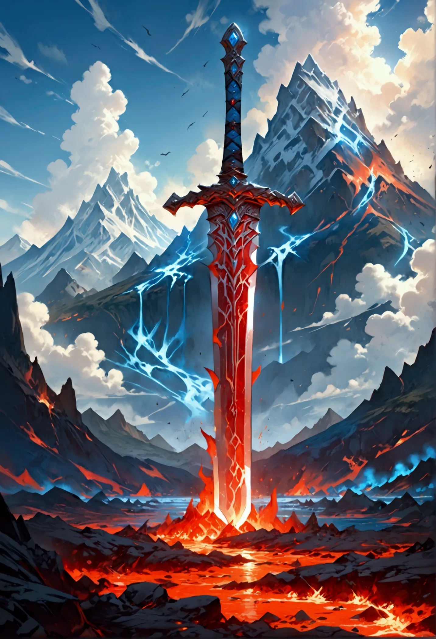 an giant sized sword surrounded with blue flame  stands on its point in volcano, a masterful sword made from diamond, epic sword...