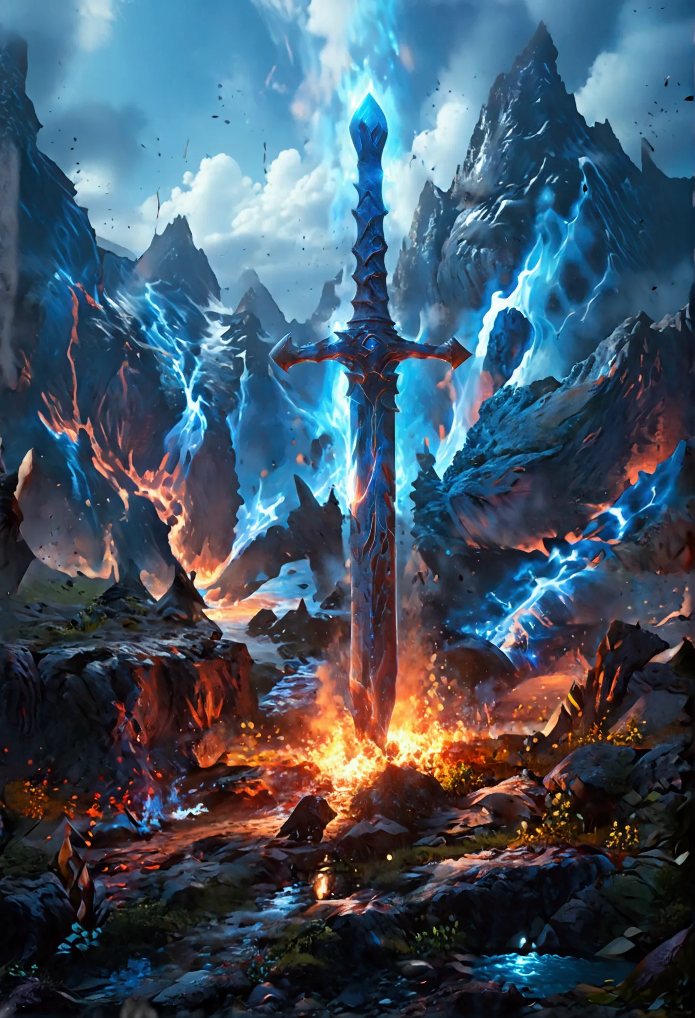 an giant sized sword surrounded with blue flame  stands on its point in volcano, a masterful sword made from diamond, epic sword...