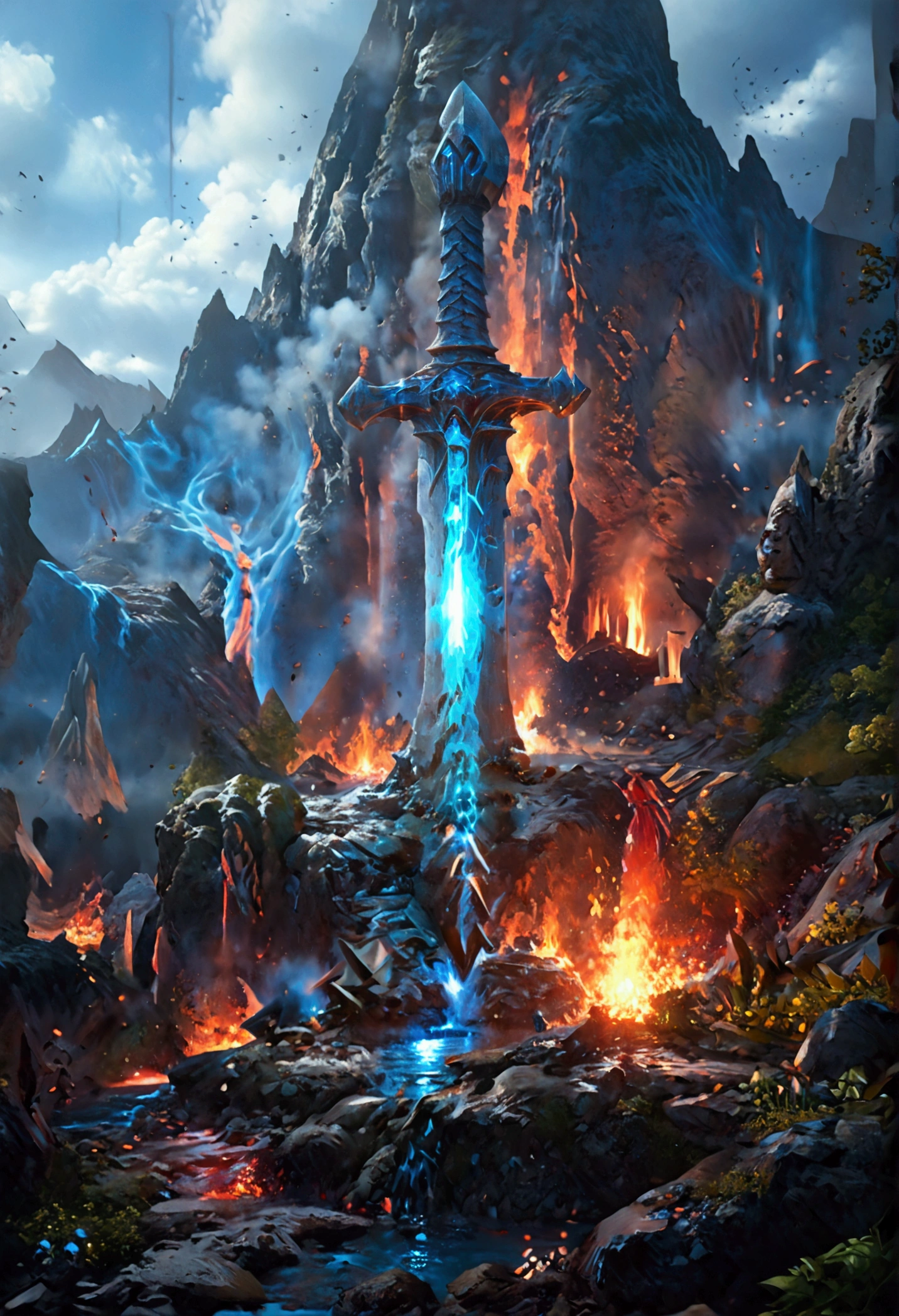 an giant sized sword surrounded with blue flame  stands on its point in volcano, a masterful sword made from diamond, epic sword, divine sword, (mountain sized sword: 1.5), its glistening in the sun, it has many facets, blue flames surround it GlowingRunesAI_paleblue, it stands in a pool of lava in a volcano, fantasy volcano background, high quality, landscape, lava land,  (best details, Masterpiece, best quality :1.5), ultra best realistic pictures , best details, best quality, 16k, [ultra detailed], masterpiece, best quality, (extremely detailed), ultra wide shot, photorealism, depth of field,