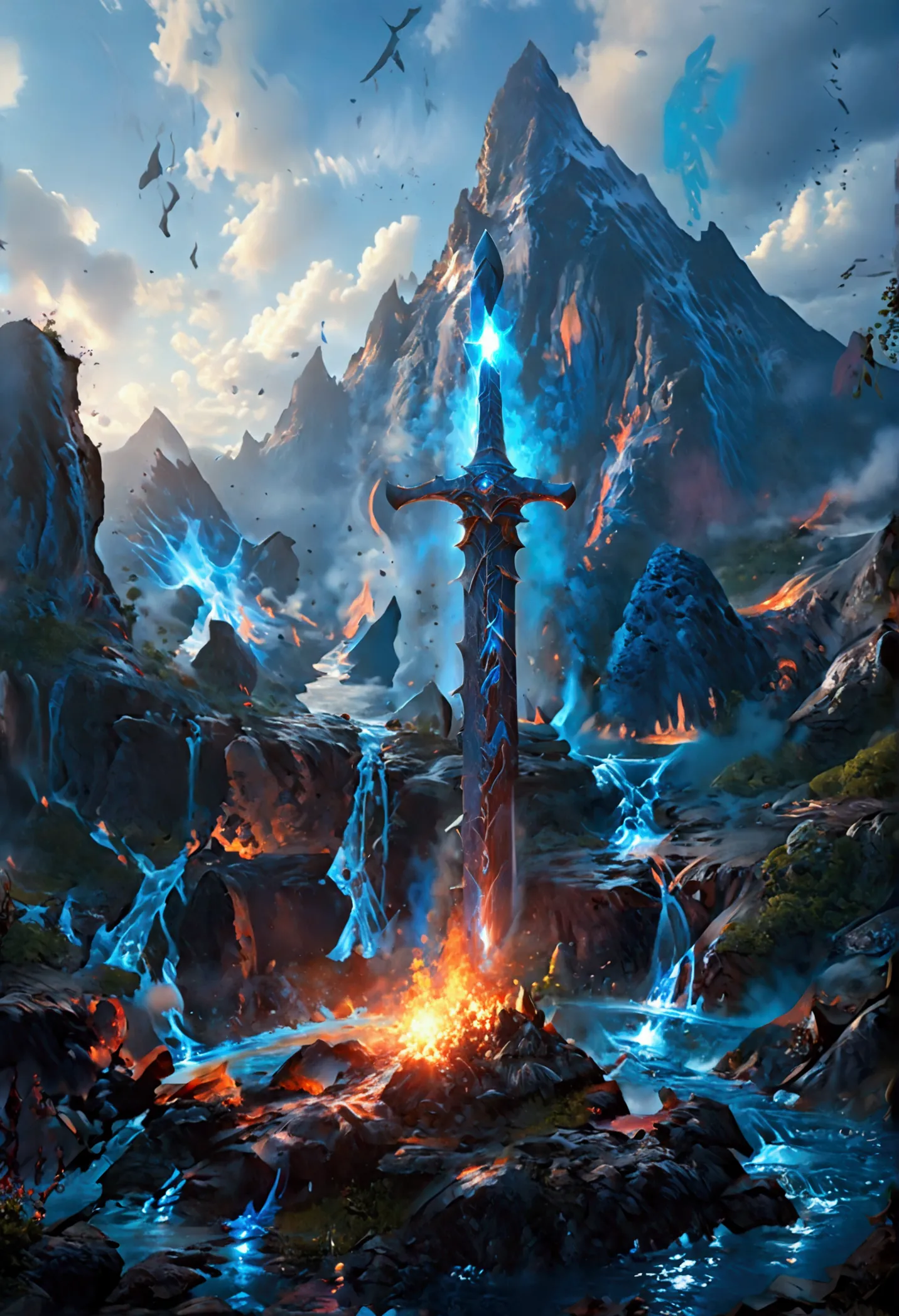 an giant sized sword surrounded with blue flame  stands on its point in volcano, a masterful sword made from diamond, epic sword...