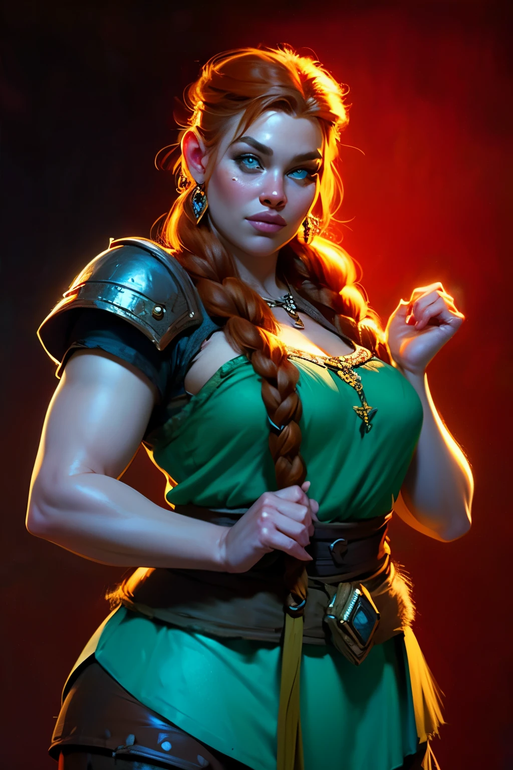 beautiful ginger ((dwarven woman)) in her 30s, with green eyes and striking features, exuding maturity and allure in a seductive pose.(dark-red background),(dwarf) female ,curvy, thick, chubby, short , small, beauty, ginger braided hair, 