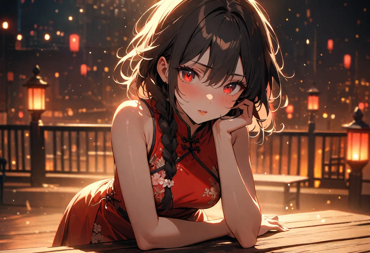 (best quality,4k,8k,high,masterpiece:1.2),ultra detailed,crona,red light street,girl,beautiful detailed eyes,beautiful detailed lips,extremely detailed eyes and face,long messy hair,white pink flower detailed dress , Chinese-style dress, close-up, sexy pose, bench, light particles, romantic atmosphere, attractive, provocative, seductive, powerful gaze, vintage atmosphere, warm color palette, soft focus, soft lighting, black hair, red eyes, long side braid,