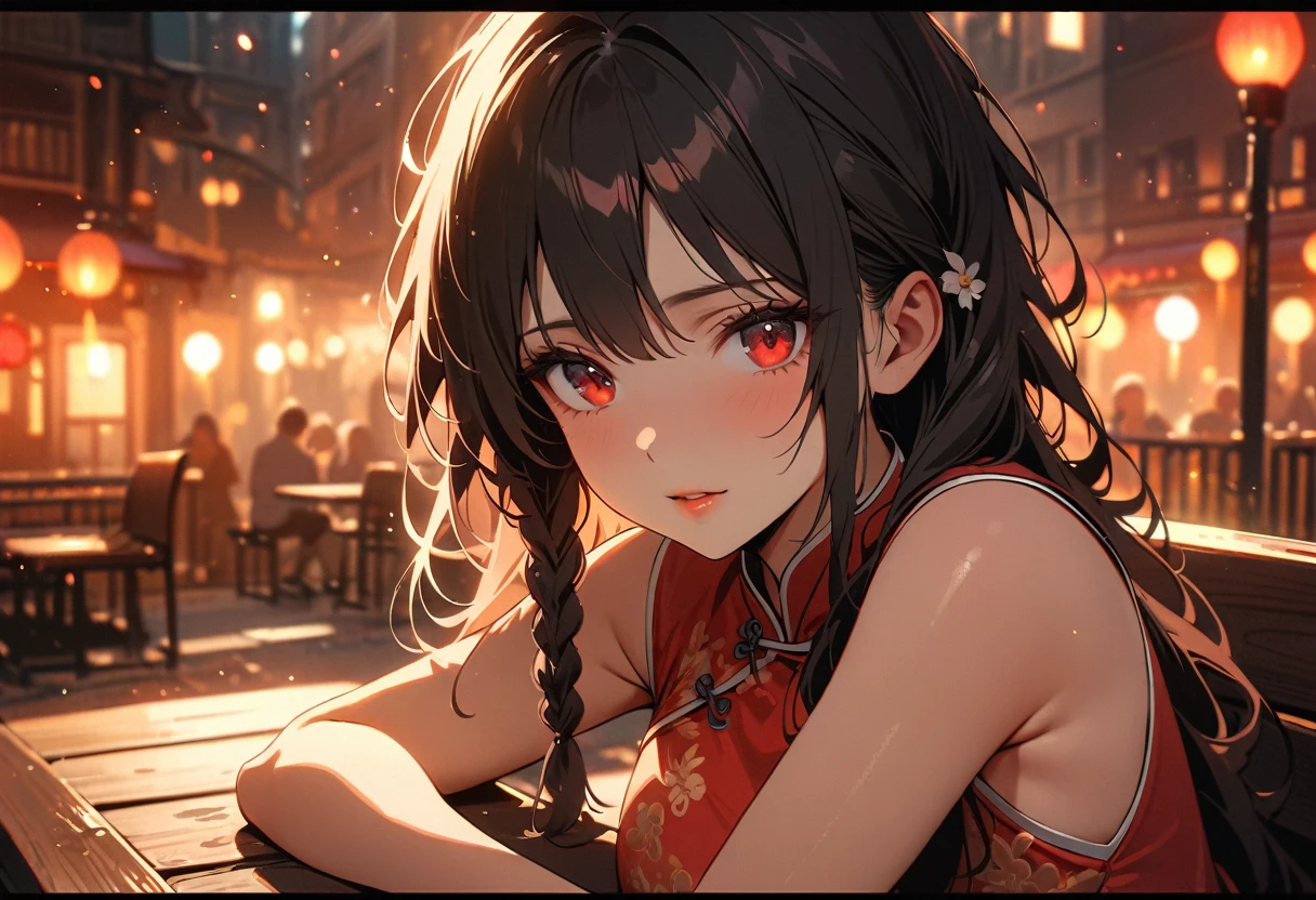 (best quality,4k,8k,high,masterpiece:1.2),ultra detailed,crona,red light street,girl,beautiful detailed eyes,beautiful detailed lips,extremely detailed eyes and face,long messy hair,white pink flower detailed dress , Chinese-style dress, close-up, sexy pose, bench, light particles, romantic atmosphere, attractive, provocative, seductive, powerful gaze, vintage atmosphere, warm color palette, soft focus, soft lighting, black hair, red eyes, long side braid,