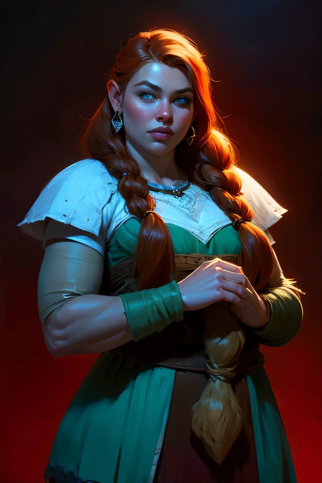 beautiful ginger ((dwarven woman)) in her 30s, with green eyes and striking features, exuding maturity and allure in a seductive pose.(dark-red background),(dwarf) female ,curvy, thick, chubby, short , small, beauty, ginger braided hair, 