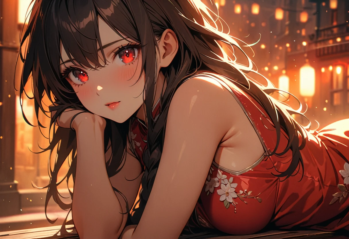 (best quality,4k,8k,high,masterpiece:1.2),ultra detailed,crona,red light street,girl,beautiful detailed eyes,beautiful detailed lips,extremely detailed eyes and face,long messy hair,white pink flower detailed dress , Chinese-style dress, close-up, sexy pose, bench, light particles, romantic atmosphere, attractive, provocative, seductive, powerful gaze, vintage atmosphere, warm color palette, soft focus, soft lighting, black hair, red eyes, long side braid,