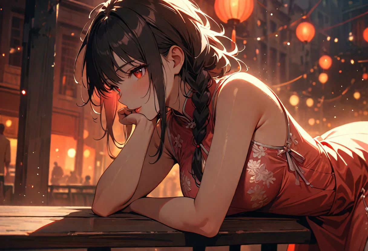 (best quality,4k,8k,high,masterpiece:1.2),ultra detailed,crona,red light street,girl,beautiful detailed eyes,beautiful detailed lips,extremely detailed eyes and face,long messy hair,white pink flower detailed dress , Chinese-style dress, close-up, sexy pose, bench, light particles, romantic atmosphere, attractive, provocative, seductive, powerful gaze, vintage atmosphere, warm color palette, soft focus, soft lighting, black hair, red eyes, long side braid,