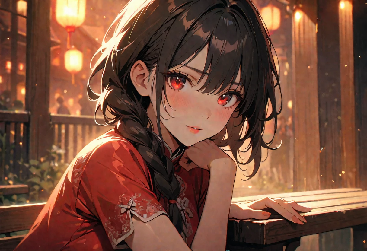 (best quality,4k,8k,high,masterpiece:1.2),ultra detailed,crona,red light street,girl,beautiful detailed eyes,beautiful detailed lips,extremely detailed eyes and face,long messy hair,white pink flower detailed dress , Chinese-style dress, close-up, sexy pose, bench, light particles, romantic atmosphere, attractive, provocative, seductive, powerful gaze, vintage atmosphere, warm color palette, soft focus, soft lighting, black hair, red eyes, long side braid,