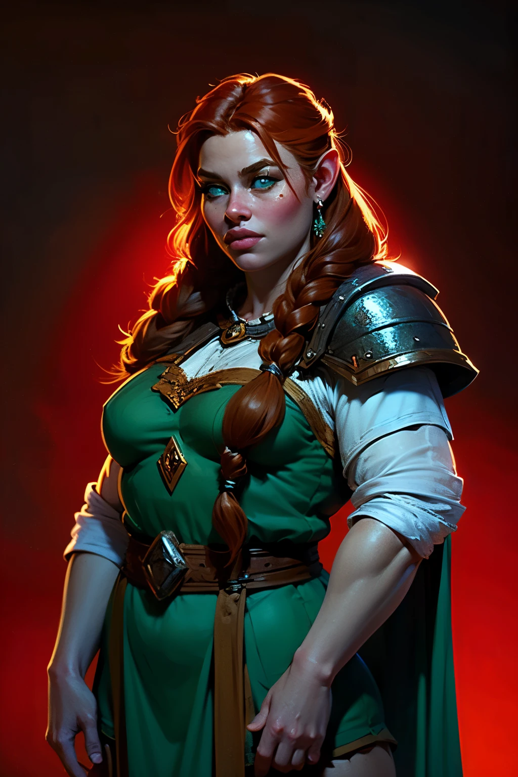 beautiful ginger ((dwarven woman)) in her 30s, with green eyes and striking features, exuding maturity and allure in a seductive pose.(dark-red background),(dwarf) female ,curvy, thick, chubby, short , small, beauty, ginger braided hair, 