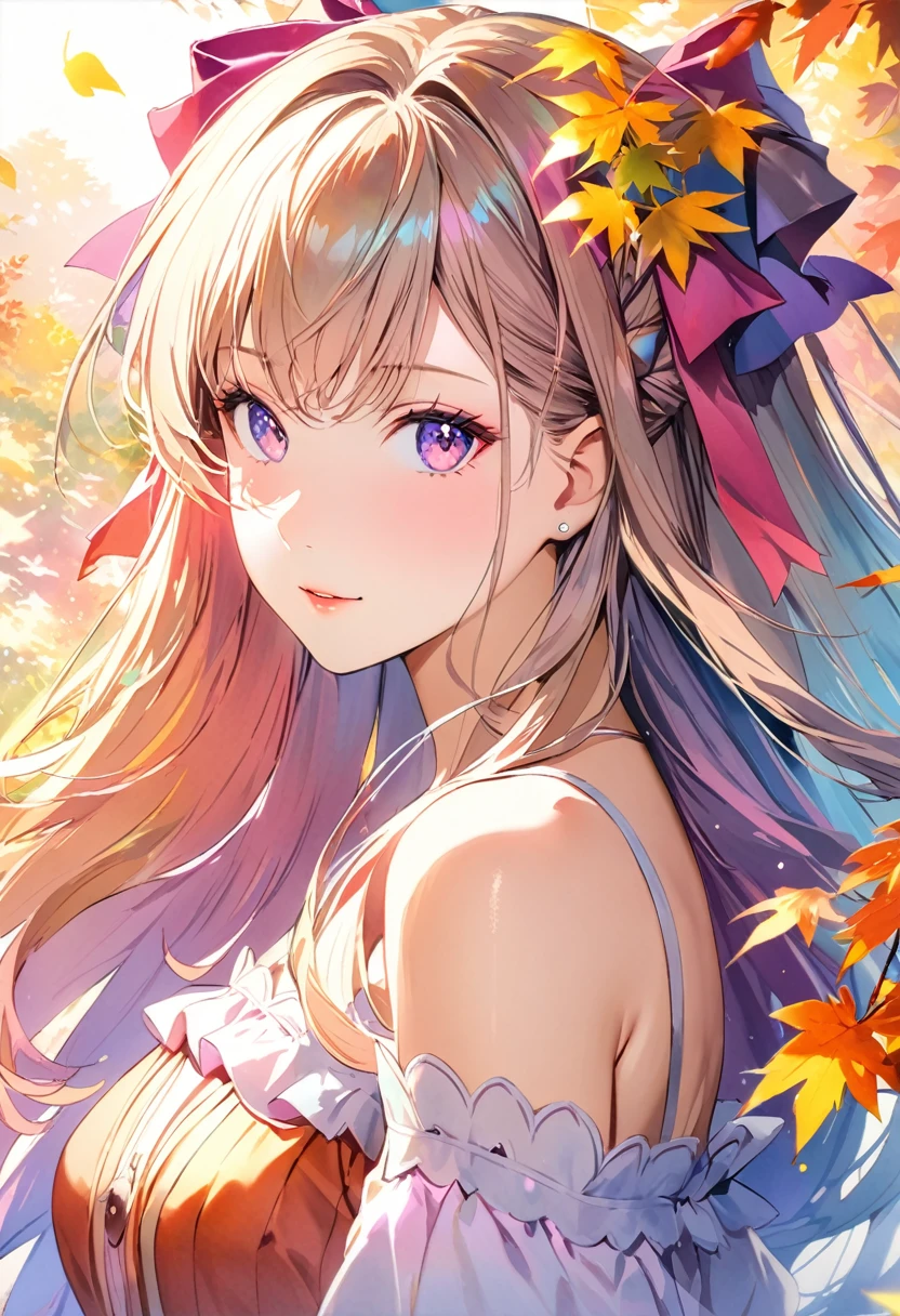 (8K, Highest quality, masterpiece:1.2),(Highest quality:1.0), (Ultra-high resolution:1.0), watercolor, Beautiful woman, shoulder, Hair Ribbon, Agnes Cecil, Half Body Portrait, Very bright and luminous design, pastel colour, (ink:1.3), Autumn Light,