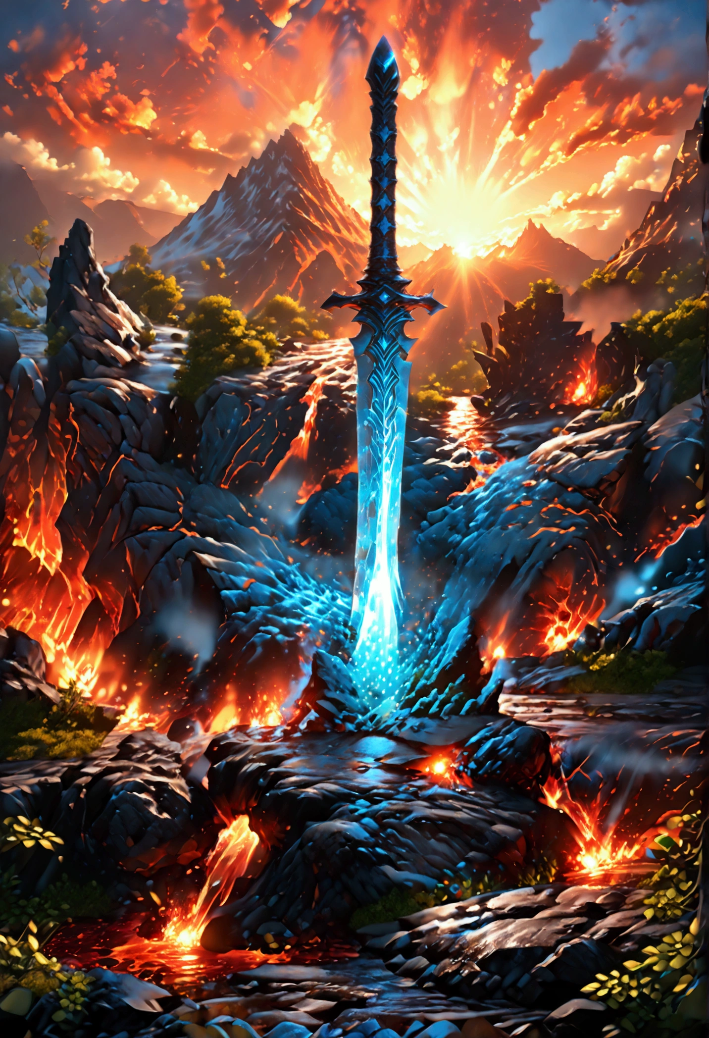 an giant sized sword surrounded with blue flame  stands on its point in volcano, a masterful sword made from diamond, epic sword, divine sword, (mountain sized sword: 1.5), its glistening in the sun, it has many facets, blue flames surround it GlowingRunesAI_paleblue, it stands in a pool of lava in a volcano, fantasy volcano background, sun rays, divine rays, high quality, landscape, lava land,  (best details, Masterpiece, best quality :1.5), ultra best realistic pictures , best details, best quality, 16k, [ultra detailed], masterpiece, best quality, (extremely detailed), ultra wide shot, photorealism, depth of field,