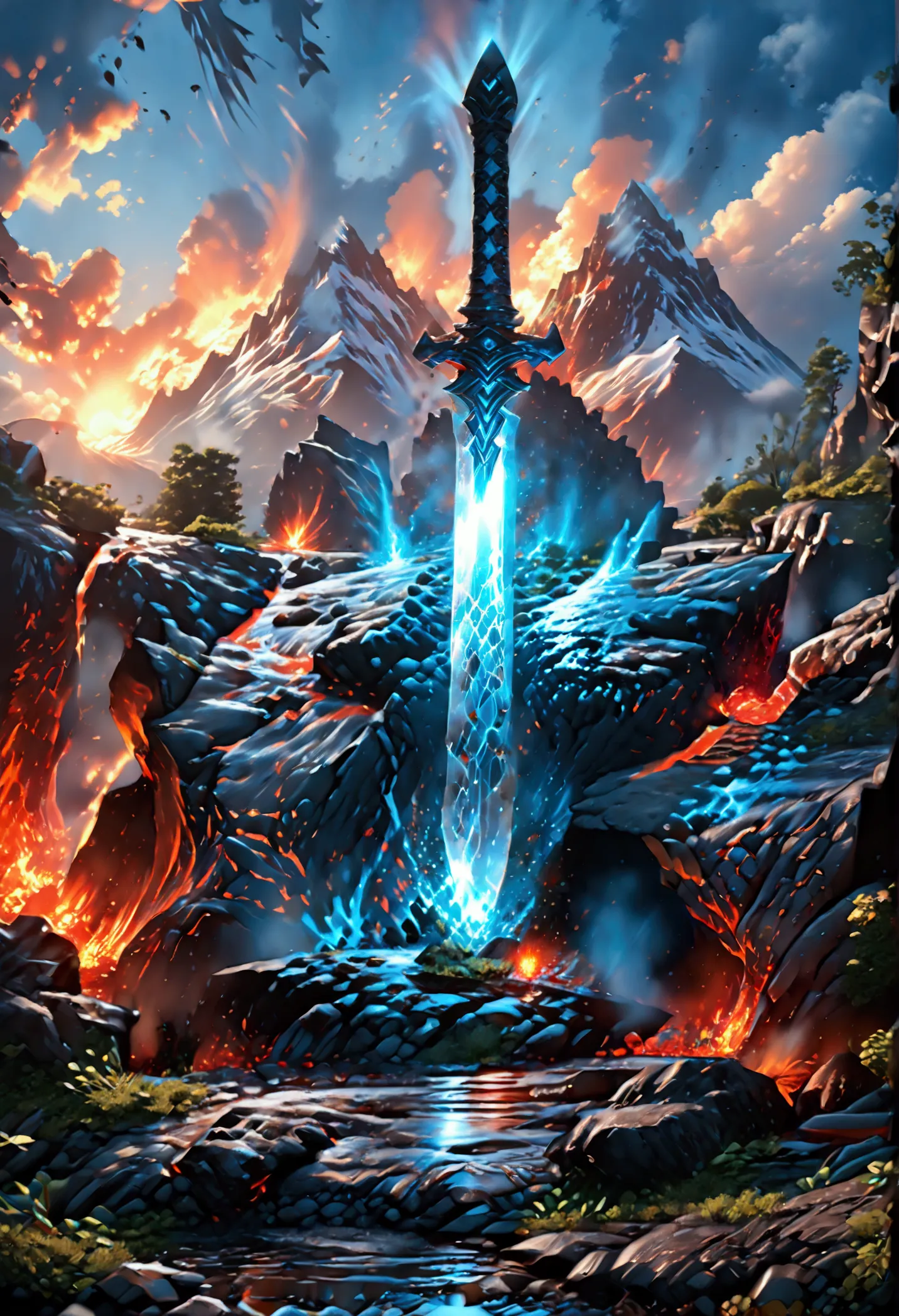 an giant sized sword surrounded with blue flame  stands on its point in volcano, a masterful sword made from diamond, epic sword...