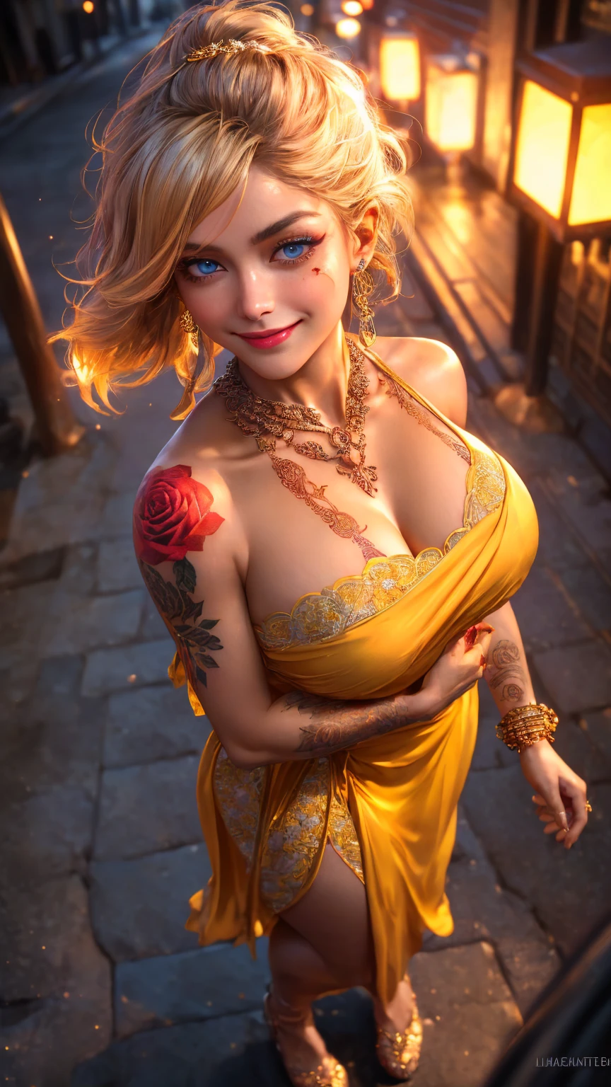 (Selfie Shot, From  above:1.4), big breasts, bountiful breasts, neckleace profundo, (Half Body Posttrait:1.4), (((red rose tattoos on arm and shoulder:1))), beautiful red rose tattoos, RAW UHD portrait photo of a 24-year-old blonde (Blue eyed woman) walking down a dark alley, natural breasts_b, night city background, (red sun dress), (neckleace), detailded (texturas!, body hair!, Glow Up, Farbe!!, Imperfections:1.1), highly detailded glossy eyes, (Looking at the camera), specular lighting, dslr, ultra quality, sharp focus, thank you sharp, dof, Film grain, (centred), Fujifilm XT3, clear as crystal, center of frame, cute face, sharp focus, street lamp, neon lights, bokeh, (dimly-lit), subtle, at night, (Night sky) detailded skin pores, greasy skin, suntanned, intricate eye detail,  ((deep cleavage 1.8, oily skin, oily body, huge perky breasts, curvy figure, standing, hands on waist, ))(erotic smile)) cameltoe 1.8, , yellow dress, 