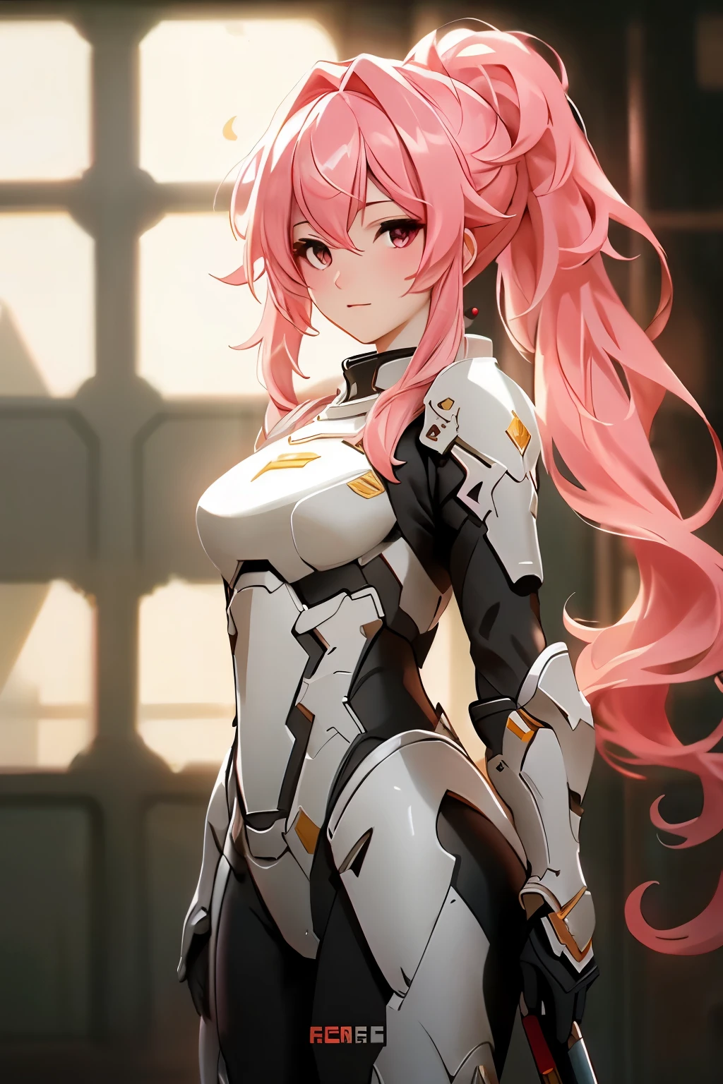 ((best quality)), ((Masterpiece)), (details:1.4), 3d, HDR (high dynamic range), an image of a beautiful cyberpunk female, Hight ponytails, Pink hair, Black eyes, จมูกโด่ง, ปากแดง, หน้าอกใหญ่, nvidia RTX, PBR surface, After processing, Anisotropic filtration,depth of field, Maximum clarity and clarity, multi-layered surface, Subsurface scattering, perfect proportions, 8K raw files, ความละเอียดสุดยอด, Unreal 5, Perfect proportions, Octane Render, Two-tone lighting, Wide aperture, Low ISO, รายละเอียดดวงตา, crusader, Heavy White armor, จ้อง, โกรธ