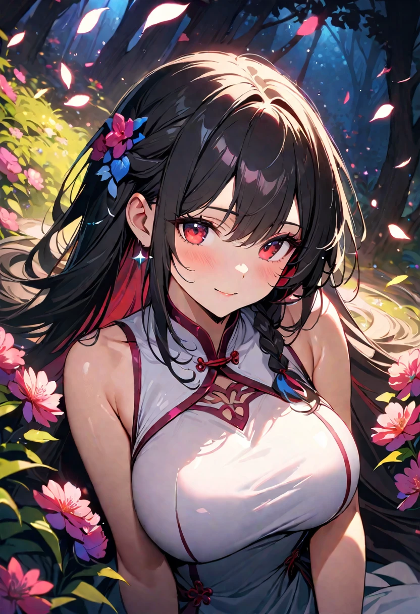 (best quality,4k,8k,high,masterpiece:1.2),ultra detail,beautiful girl,big breasts,mature,tall body,close up,seductive body,chinese style dress,lazily lying on a flat rock full of flowers,flying petals, seductive pose, colorful, magical forest, shiny particles, sparkling, night, atmospheric, enchanted, ethereal lighting, pure beauty, dreamy, serene, calm, mystical, alluring, mysterious, feminine, charming presence, black hair, red highlights, side braid , red eyes, gentle smile, graceful posture, peaceful aura, radiant, beauty in nature