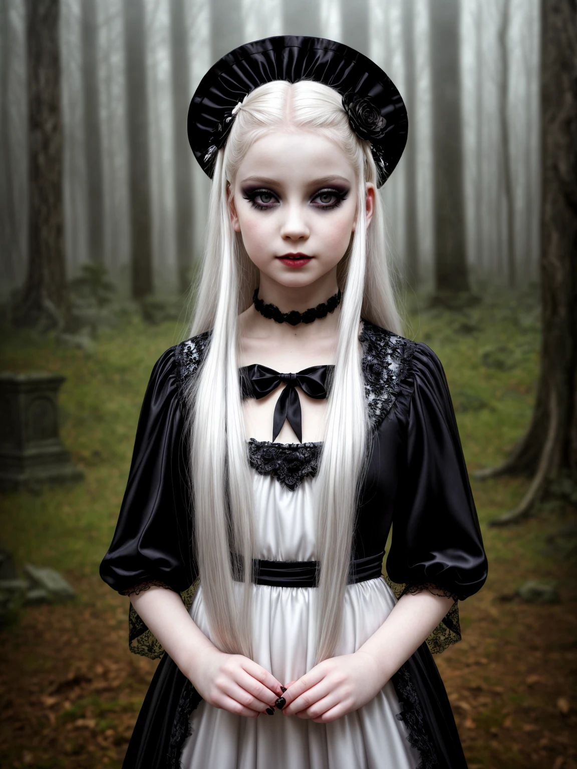 female sexy vampire|albino, pale porcelain skin, sexy vintage black dress, (8 years old, loli:1.5), smile, (dress lift:1.4), shallow depth of field, grin|creepy, nightfall, detailed face, night, wide hips, narrow waist, portrait of woman standing, detailed eyes, portrait of woman standing, 8k RAW photo, highest quality, looking at the viewer, best shadow, intricate details, long hair, bright eyes, forest, grave, gothic, (ruined makeup:1.4), goth detailed, highres, high qualilty, high saturation