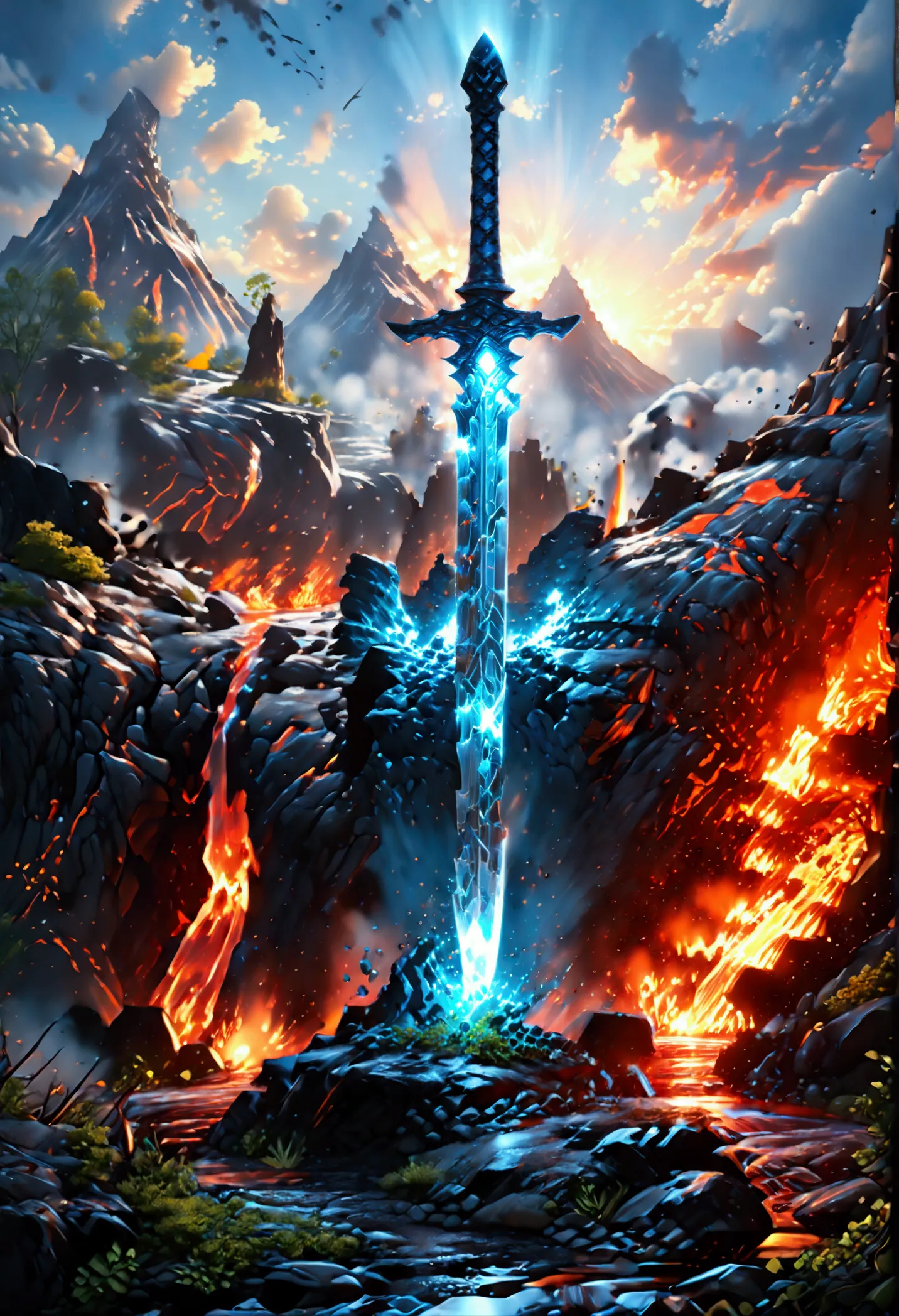 an giant sized sword surrounded with blue flame  stands on its point in volcano, a masterful sword made from diamond, epic sword...