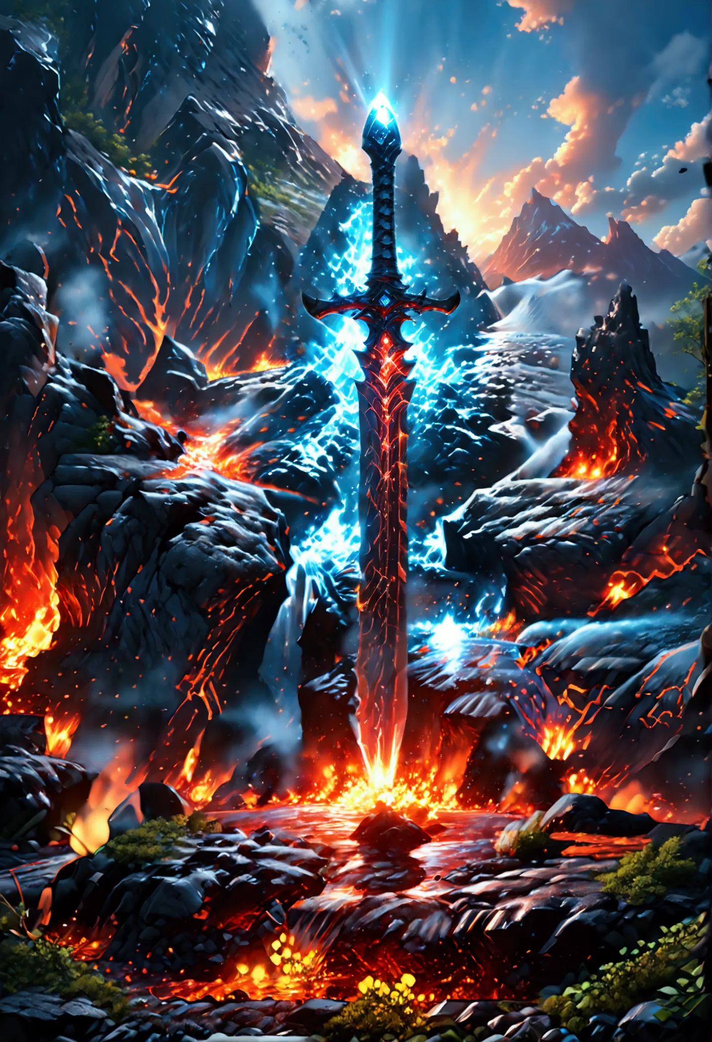 an giant sized sword surrounded with blue flame  stands on its point in volcano, a masterful sword made from diamond, epic sword...