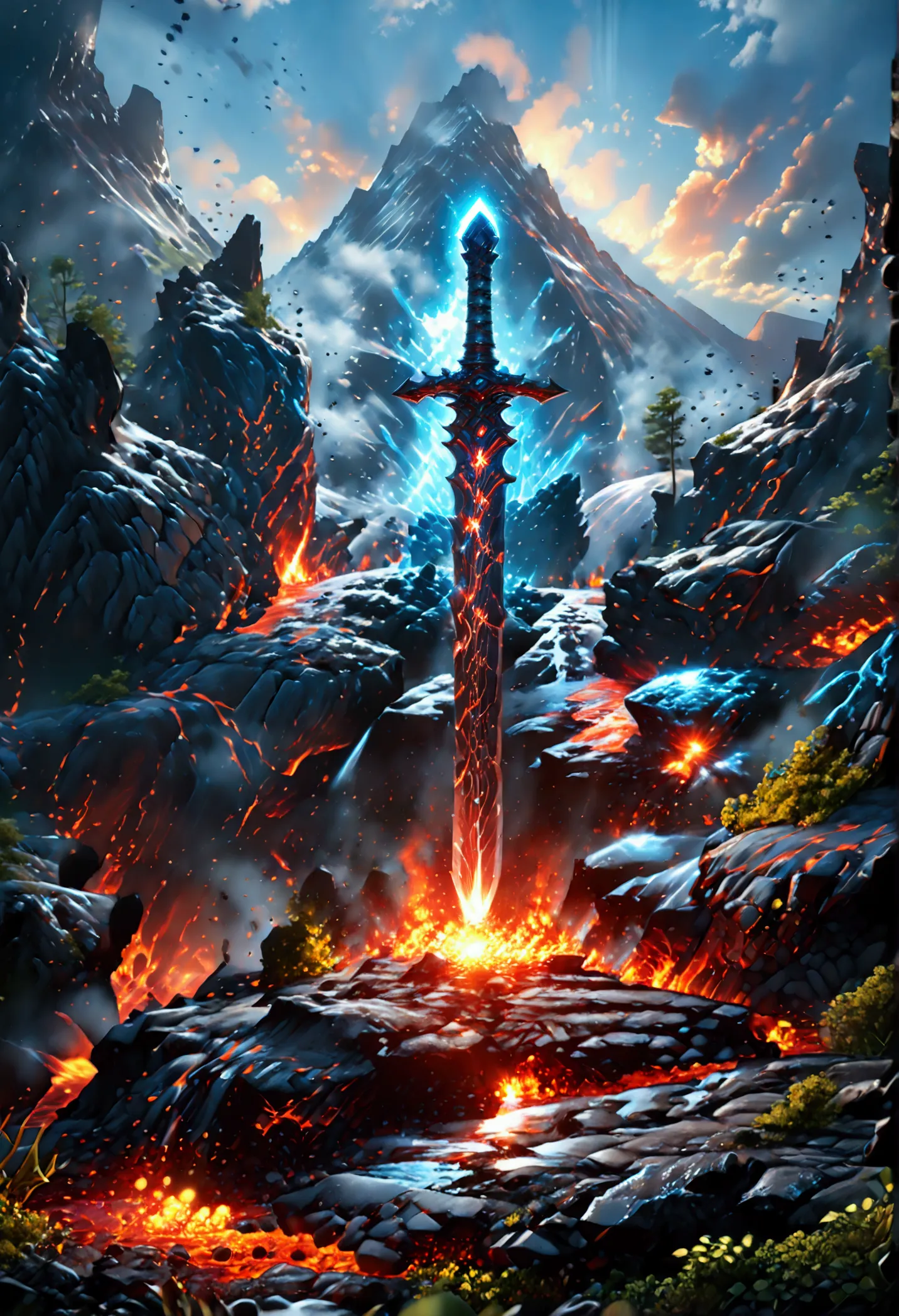 an giant sized sword surrounded with blue flame  stands on its point in volcano, a masterful sword made from diamond, epic sword...