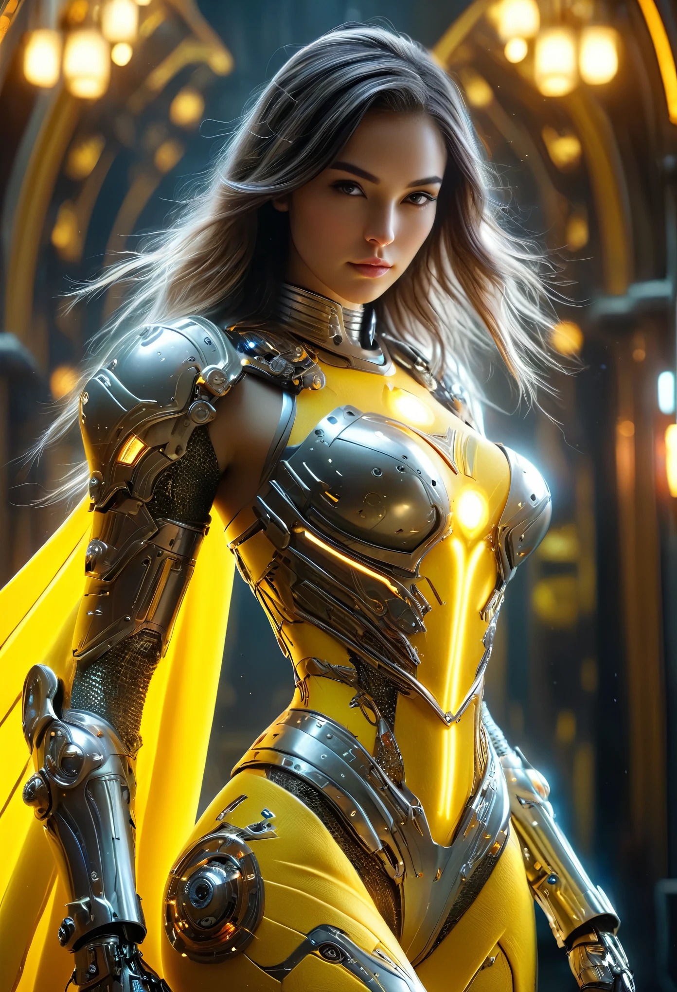 (Best Quality, 4K, 8K, High Resolution, Masterpiece: 1.2), (Super Detailed, Realistic, Photorealistic:1.37), A woman in futuristic clothing, (erotic and sexy:1.4), Trending on cgstation, Trending on cgstation, (Portrait of a girl in the Knights of the Zodiac:1.4), (blunt bangs:1.7), Cute Cyborg Girl, Perfect android girl, Portrait Astronaut Girl, Beautiful girl cyborg, Girl wearing yellow mechanical cyber armor, Game CG, cgsociety and fenghua zhong, Beautiful Cyborg Shrine Maiden, Bioluminescence, (Gal Gadot:0.6), Anatomically correct grip, Anatomically correct four fingers and one thumb, (long claws:1.4), erotic and sexy, A gorgeous cape with beautifully detailed embroidery, energy ball