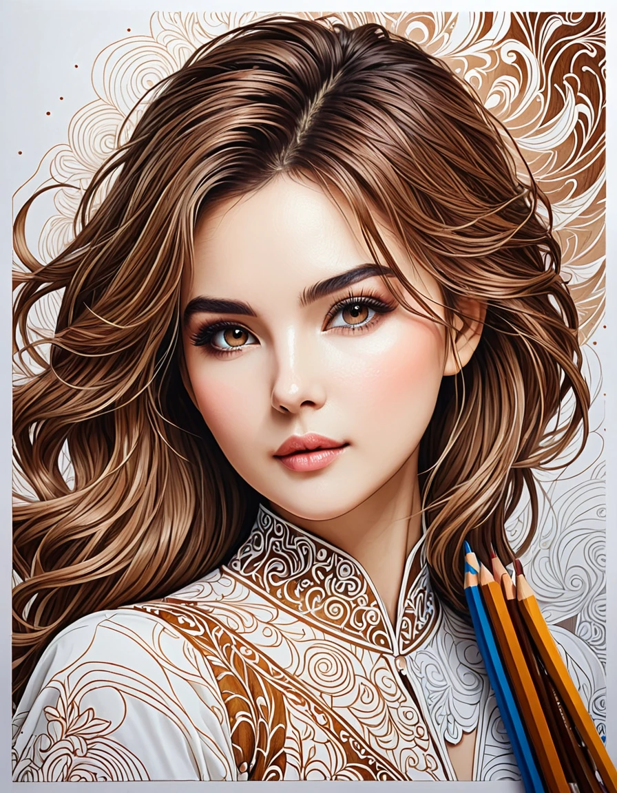 best qualityer,super verbose,real,line art,outline,Drawing pencil,brown and white,thin-lines,paint texture,Expressive,contour,ombre,beautiful and intricate patterns,The composition is simple and generous, work of art:1.2