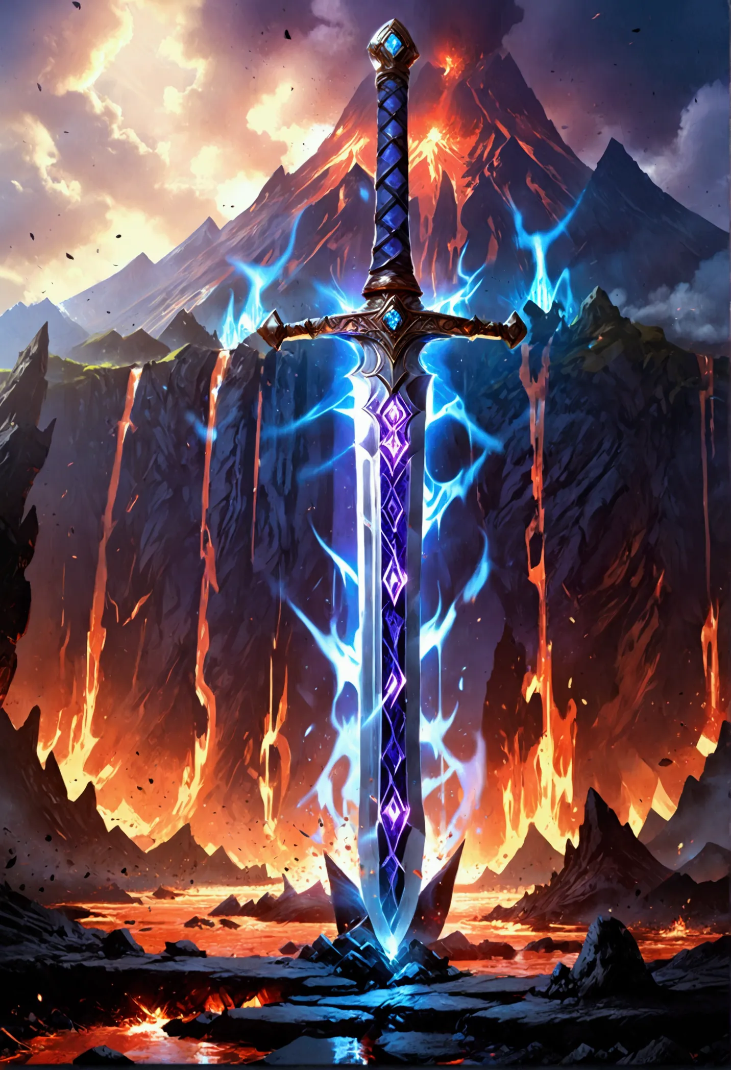 an giant sized sword surrounded with blue flame  stands on its point in volcano, a masterful sword made from diamond, epic sword...