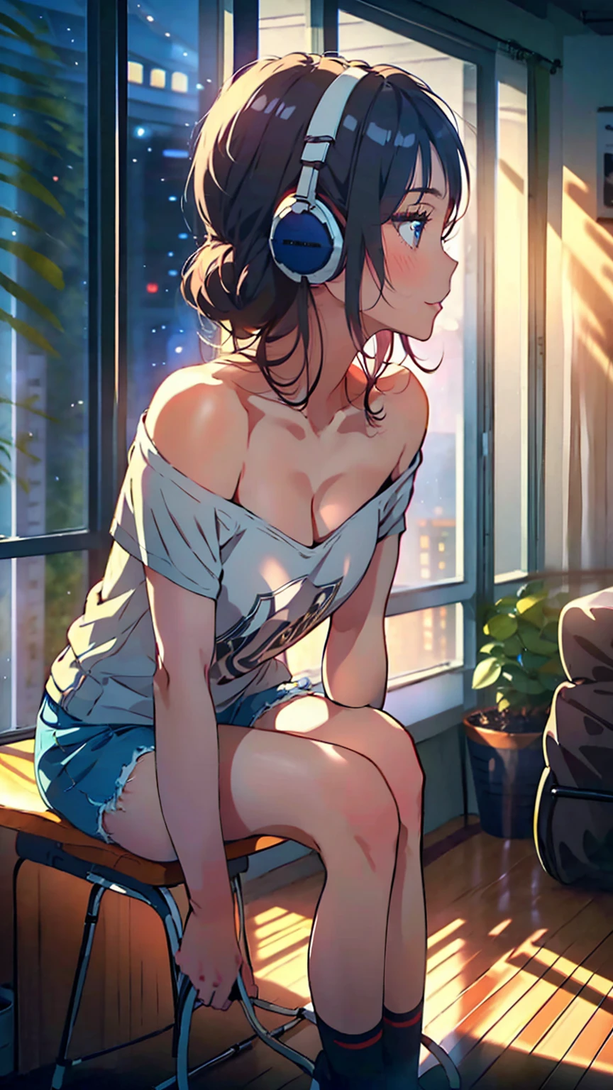 Lo-Fi, Masterpiece, Top Quality, Illustration, Ultra-Detail, Fine Detail, High Resolution, 8K Wallpaper, Perfect Dynamic Composition, Beautiful Eyes in Detail, Off Shoulder, Radiant Hair, Medium Hair, Natural Color Lips, College Student, 23 Year Old Girl, (Her Room), Slight Smile, Crouched Figure, (Large Natural Breasts:1. 5), ((Standing)), Cleavage, Exposed Upper Body:1. ) cleavage, upper body exposed: 1.3, beautiful breasts, ((see-through T-shirt)), (beautiful legs, thighs), shorts, (lower body: 1.5), ((sitting on chair, listening to music on computer with headphones)), (((full body shot, straight on, profile))), midnight, dark room, Sitting in a chair in a dark room,