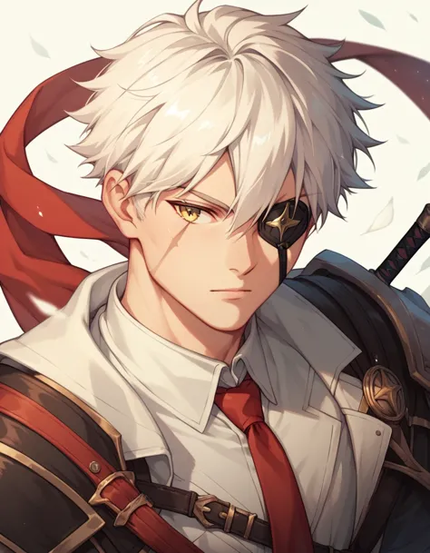 human male assassin , white hair ,yellow eye ,eye patch, white shirt ,red tie  ,scar on eye ,