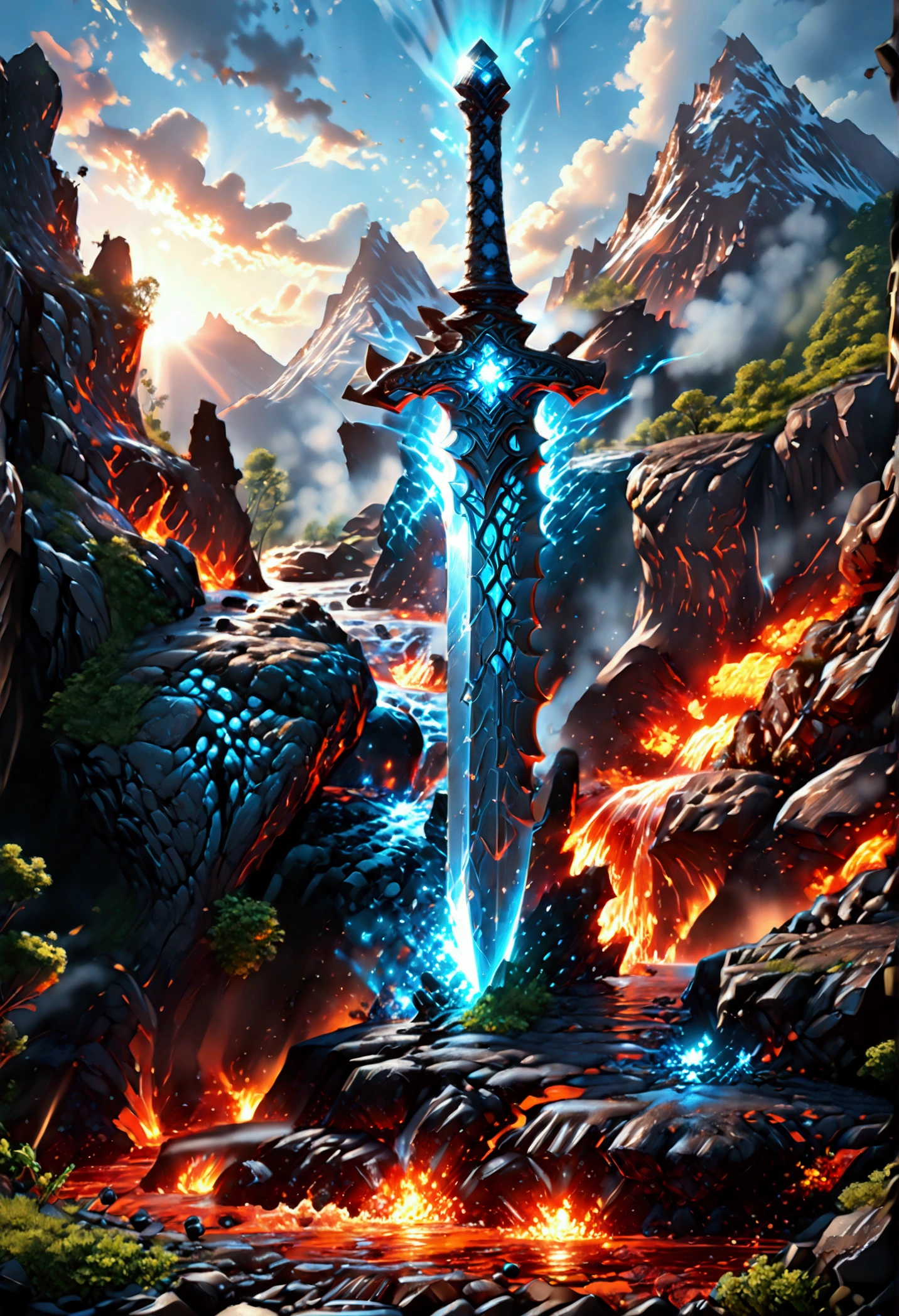 an giant sized sword surrounded with blue flame  stands on its point in volcano, a masterful sword made from diamond, epic sword, divine sword, (mountain sized sword: 1.5), its glistening in the sun, it has many facets, blue flames surround it GlowingRunesAI_paleblue, it stands in a pool of lava in a volcano, fantasy volcano background, sun rays, divine rays, high quality, landscape, lava land,  (best details, Masterpiece, best quality :1.5), ultra best realistic pictures , best details, best quality, 16k, [ultra detailed], masterpiece, best quality, (extremely detailed), ultra wide shot, photorealism, depth of field, diamondWM