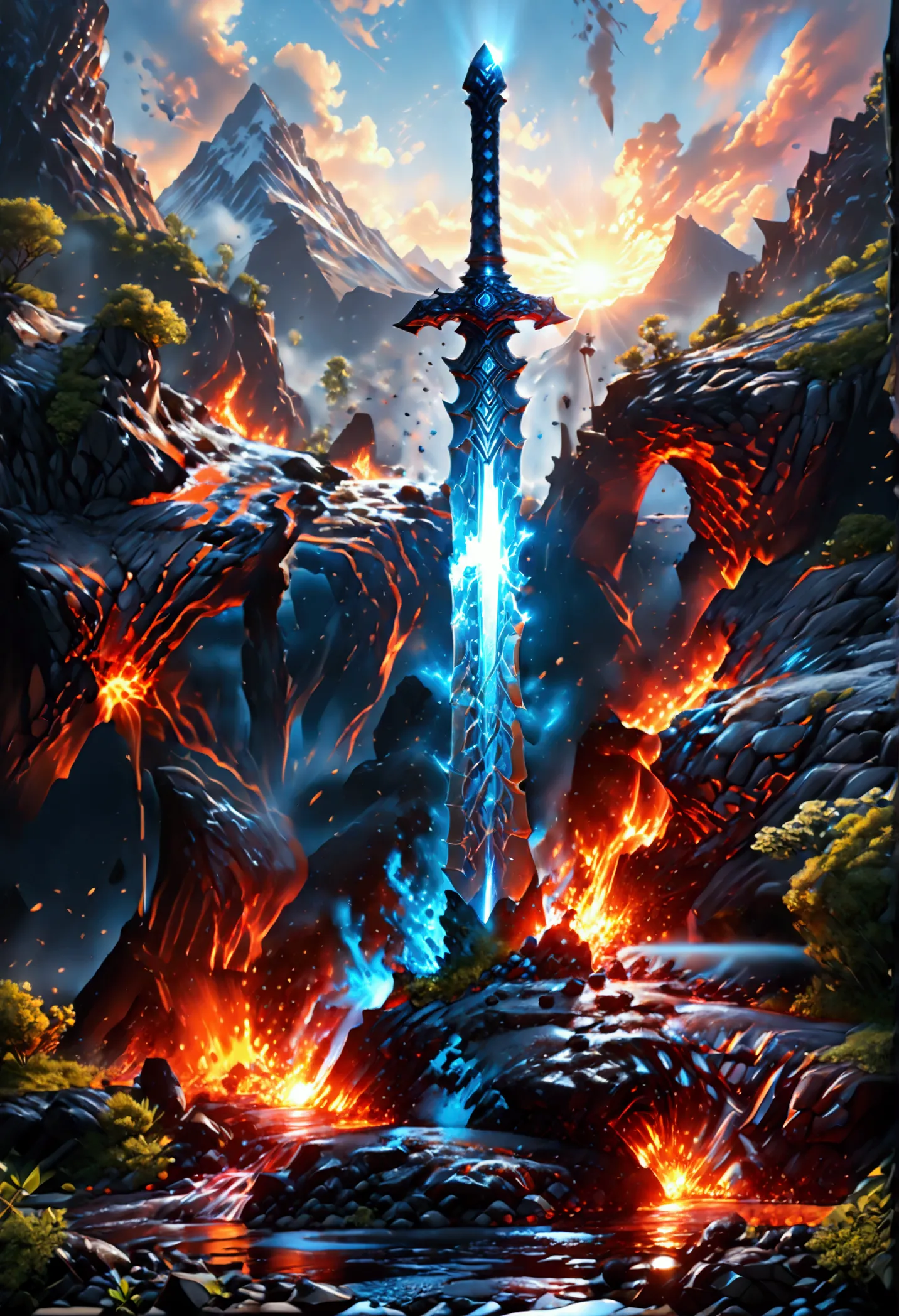 an giant sized sword surrounded with blue flame  stands on its point in volcano, a masterful sword made from diamond, epic sword...