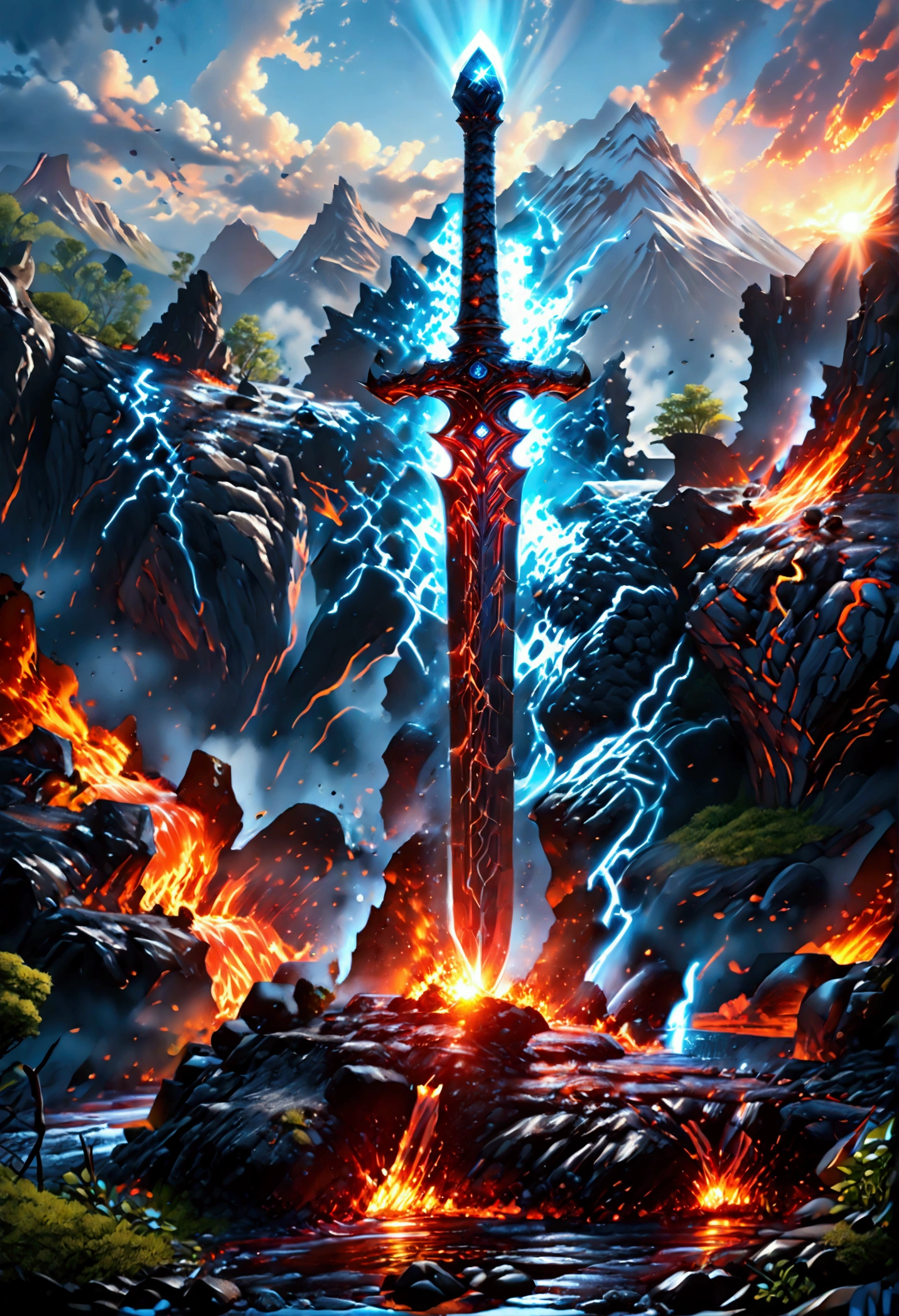 an giant sized sword surrounded with blue flame  stands on its point in volcano, a masterful sword made from diamond, epic sword, divine sword, (mountain sized sword: 1.5), its glistening in the sun, it has many facets, blue flames surround it GlowingRunesAI_paleblue, it stands in a pool of lava in a volcano, fantasy volcano background, sun rays, divine rays, high quality, landscape, lava land,  (best details, Masterpiece, best quality :1.5), ultra best realistic pictures , best details, best quality, 16k, [ultra detailed], masterpiece, best quality, (extremely detailed), ultra wide shot, photorealism, depth of field, diamondWM