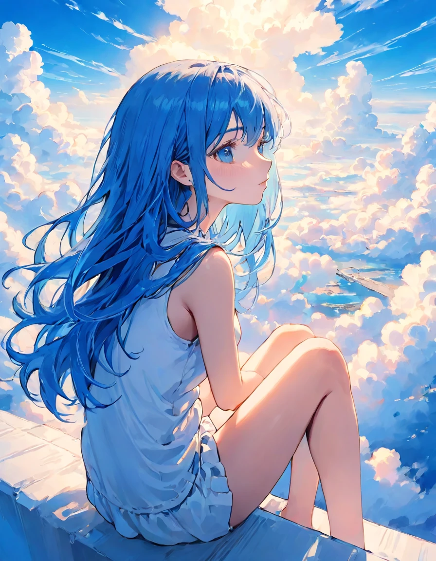 Detailed illustration, Vivid colours, High resolution, 8k, Cute girl, One girl, Perfect and detailed eye drawing, Top quality, Masterpiece, Detailed eyes and face, Sky high tower, Cylindrical tower, Sea of clouds, Clouds, Blue sky, Sitting cross-legged, Hair blowing in wind, Blue hair, Girl staring into distance, White clothes, Bare feet, Full body angle, Sea of clouds