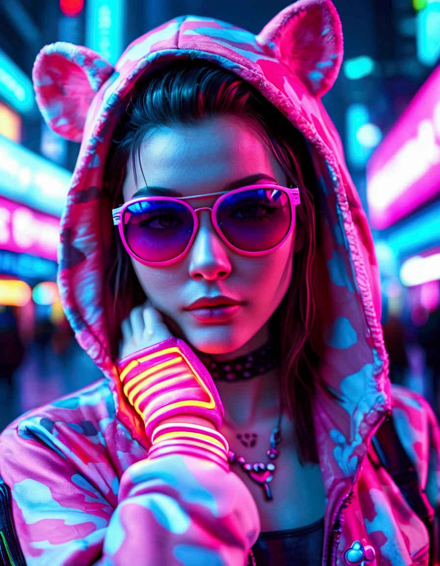 Vibrant, high-contrast, urban-style photograph featuring a person Cyberpunk Girl in a futuristic cityscape. The subject is wearing a camouflage-patterned jacket with the hood up, and large, reflective pink sunglasses that obscure their eyes. They have fair skin and are posing with one hand touching their chin, showcasing a detailed tattoo of an animal face on the back of their hand. The background is filled with neon lights and signs in various colors, predominantly blue and pink, creating a cyberpunk aesthetic. The overall composition is dynamic and visually striking, with a focus on the interplay of light and color.UHD, masterpiece, anatomically correct, super detail, best quality, textured skin, award winning, 4K