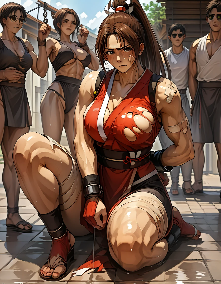 mai shiranui, Hug with Muscle wrestler、score_9, score_8_upper, score_7_upper, score_6_upper, score_5_upper, score_4_upper、Inspired by Japanese manga style, Manga style, How to draw manga, Digital drawing, An 8K masterpiece depicting a Japanese manga about girls in their twenties, Act as a slave, Anguished expression, A gesture of defeat, Torn clothes and black jilbab, Hands restrained by chains, spread, Sit upright on the stone pavement. Surrounded by a crowd of women. Face full of scars、Skin shiny with sweat、、 crying wet bursting out eyes, real tears streaming down face, ultra-detailed eyes,,expression of despair,Illumination that emphasizes shiny sweat{{{Spread }}},Infuriated, bandaid on face,tatteredclothing