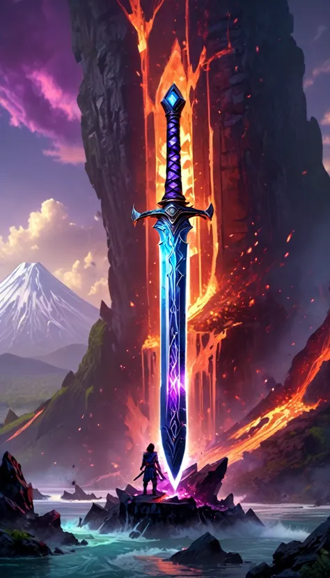 an giant sized sword surrounded with blue flame  stands on its point in volcano, a masterful sword made from diamond, epic sword...