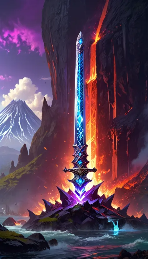 an giant sized sword surrounded with blue flame  stands on its point in volcano, a masterful sword made from diamond, epic sword...